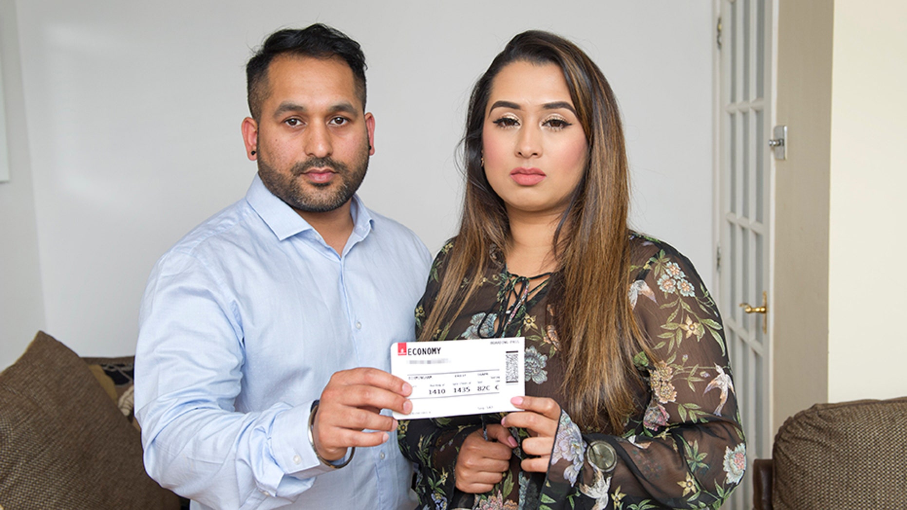 Shannen and Sundeep Sahota are frustrated with the airline's handling of the situation.