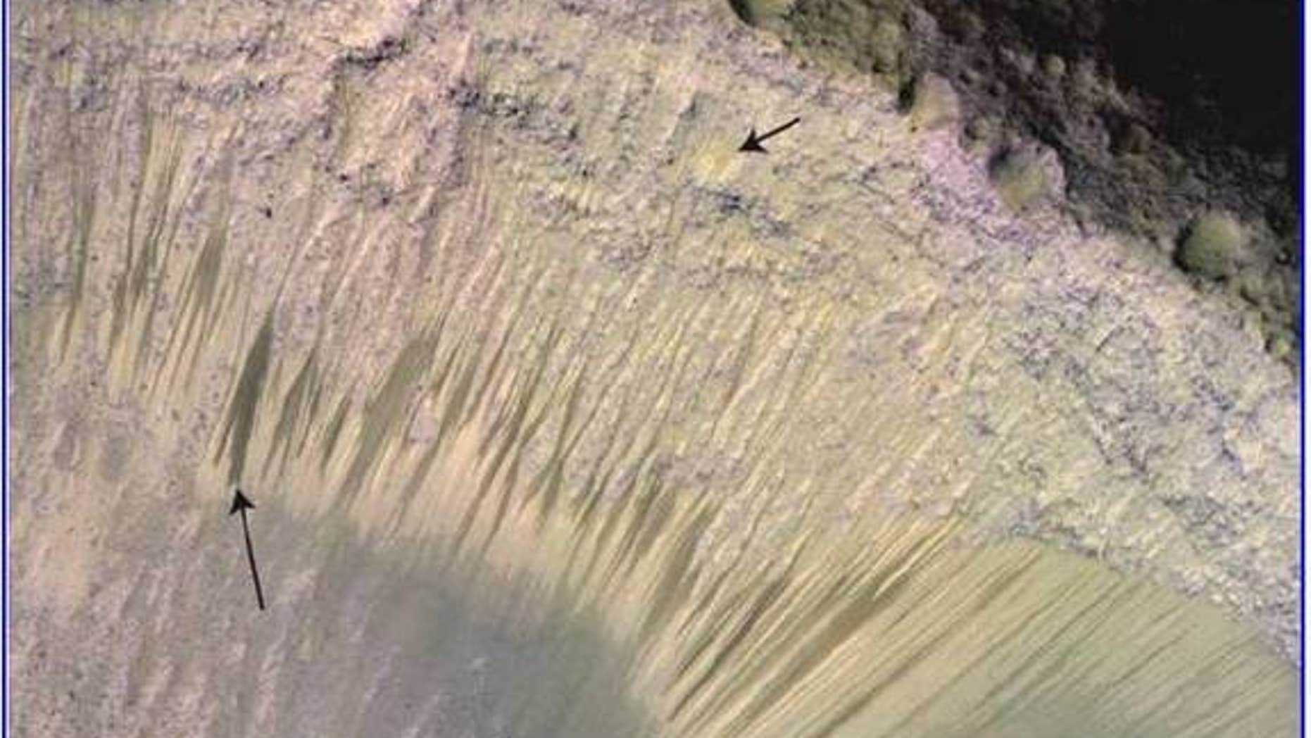 NASA Mars Reconnaissance Orbiter’s HiRISE image of recurring slope lineae (RSL) in Melas Chasma, Valles Marineris. Arrows point out tops and bottoms of a few lineae.