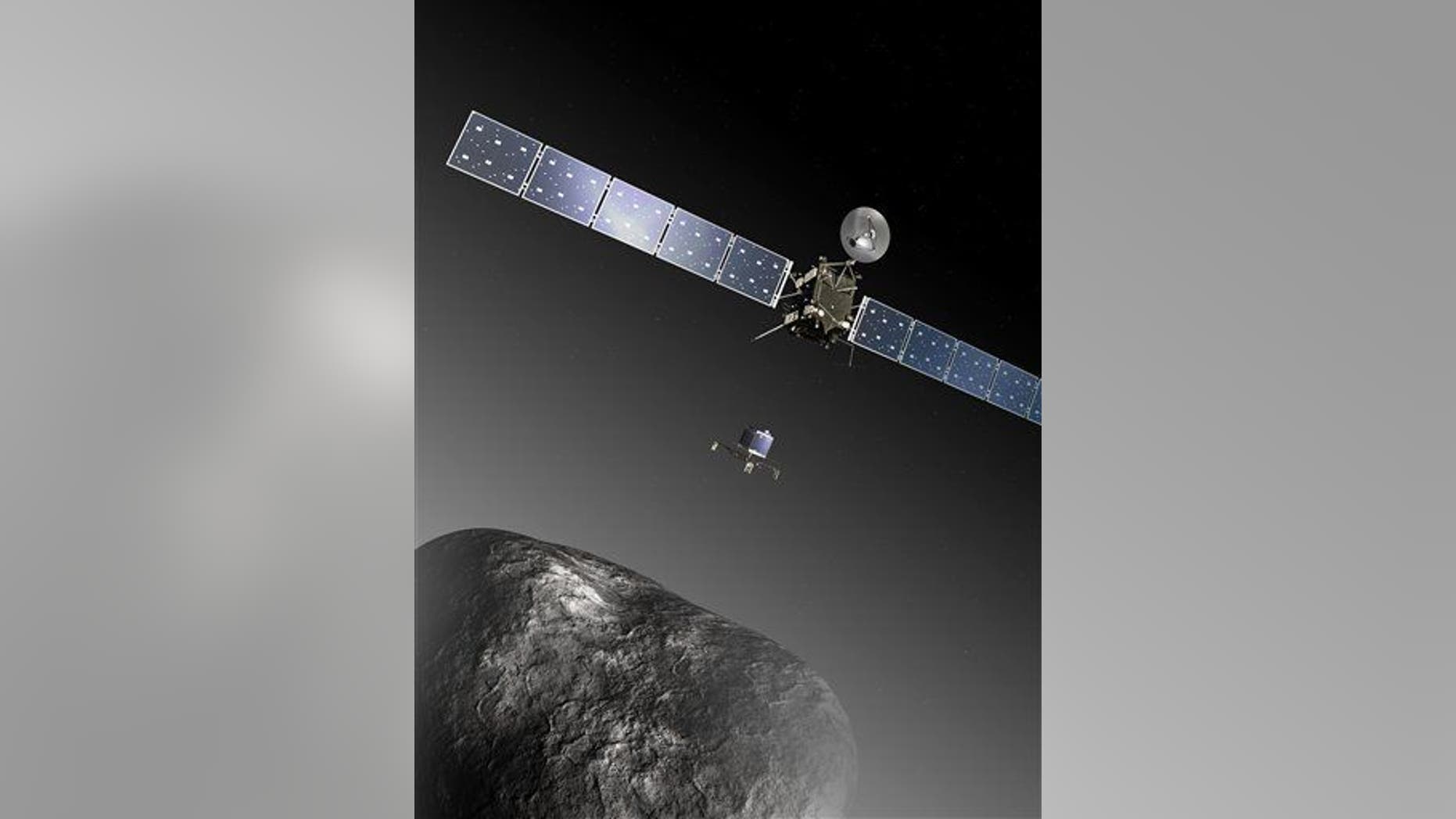 An artist’s impression of the Rosetta orbiter deploying the Philae lander to comet 67P/Churyumov–Gerasimenko.