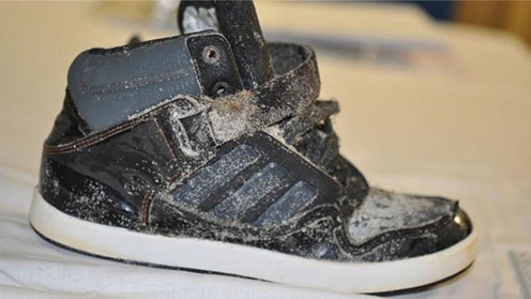 An Adidas high-top sneaker was discovered with the remains of a foot inside.