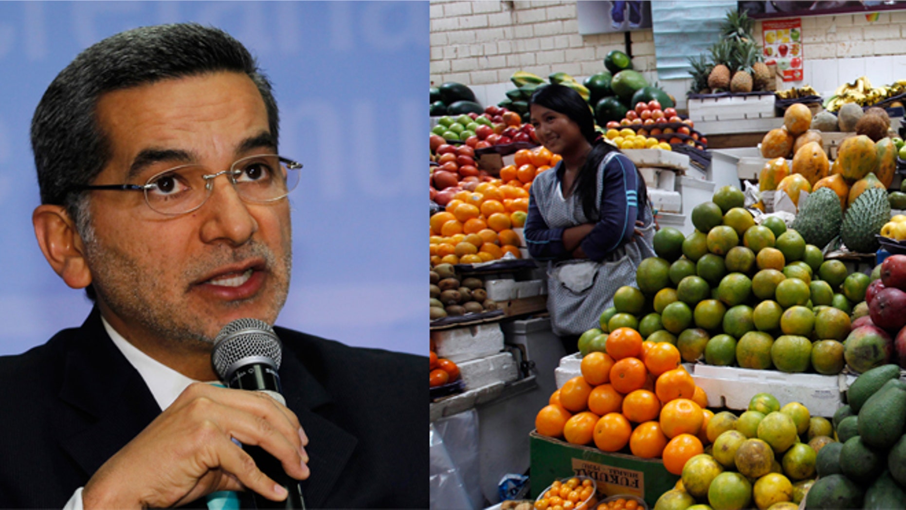 Fernando Alvarado, Ecuador's communications minister, announces that Ecuador is renouncing trade preferences that are up for U.S. congressional renewal during a news conference in Quito, Ecuador, Thursday, June 27, 2013. (AP Photo/Dolores Ochoa)