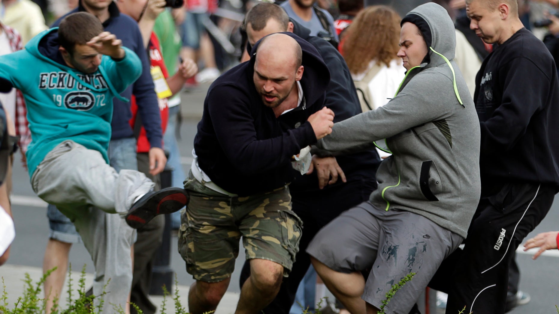 June 12, 2012: Fans clash prior to the Euro 2012 soccer championship Group A match between Poland and Russia in Warsaw, Poland.