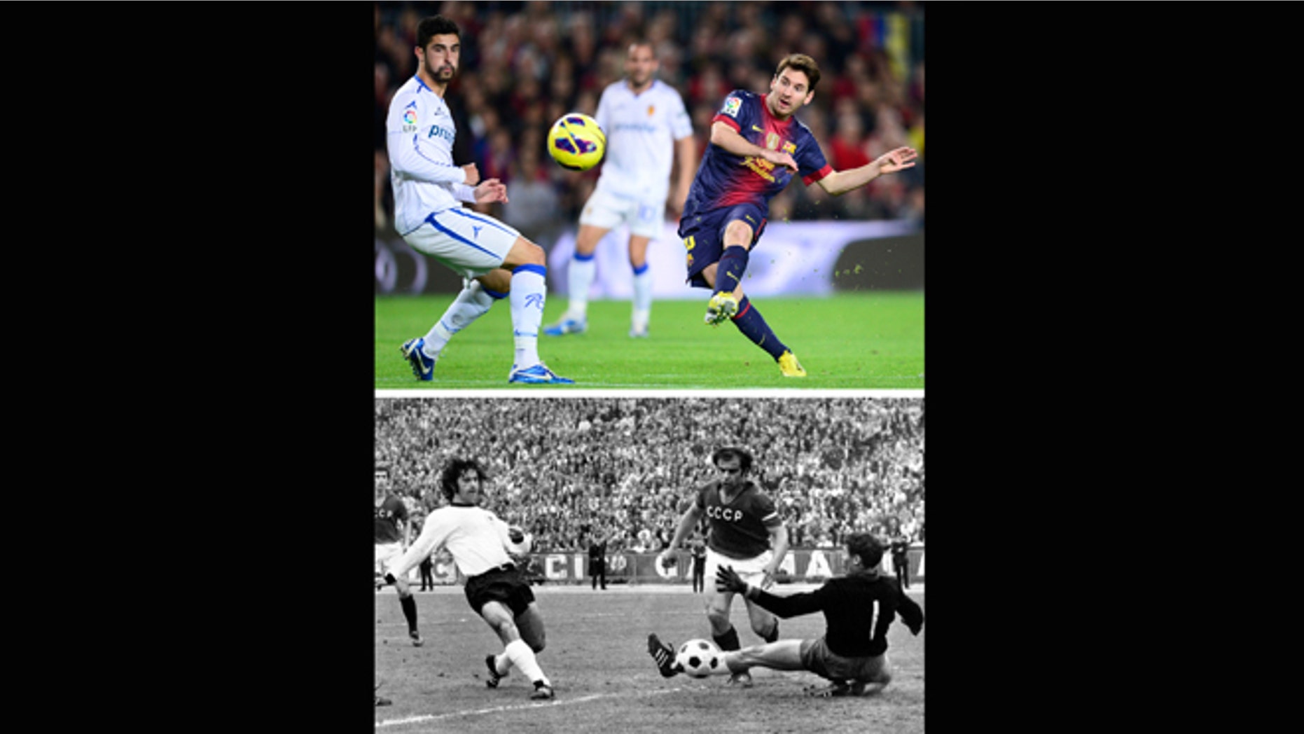 This combo of two file photos shows at top; FC Barcelona's Lionel Messi, from Argentina, scoring his second goal against Zaragoza during a Spanish La Liga soccer match at the Camp Nou stadium in Barcelona, Spain, in a Nov. 17, 2012 file photo, and at bottom; a June 18, 1972 file photo of Gerd Mueller, left, of West Germany, scoring a goal against the Soviet Union in the Heysel Stadium, in Brussels.