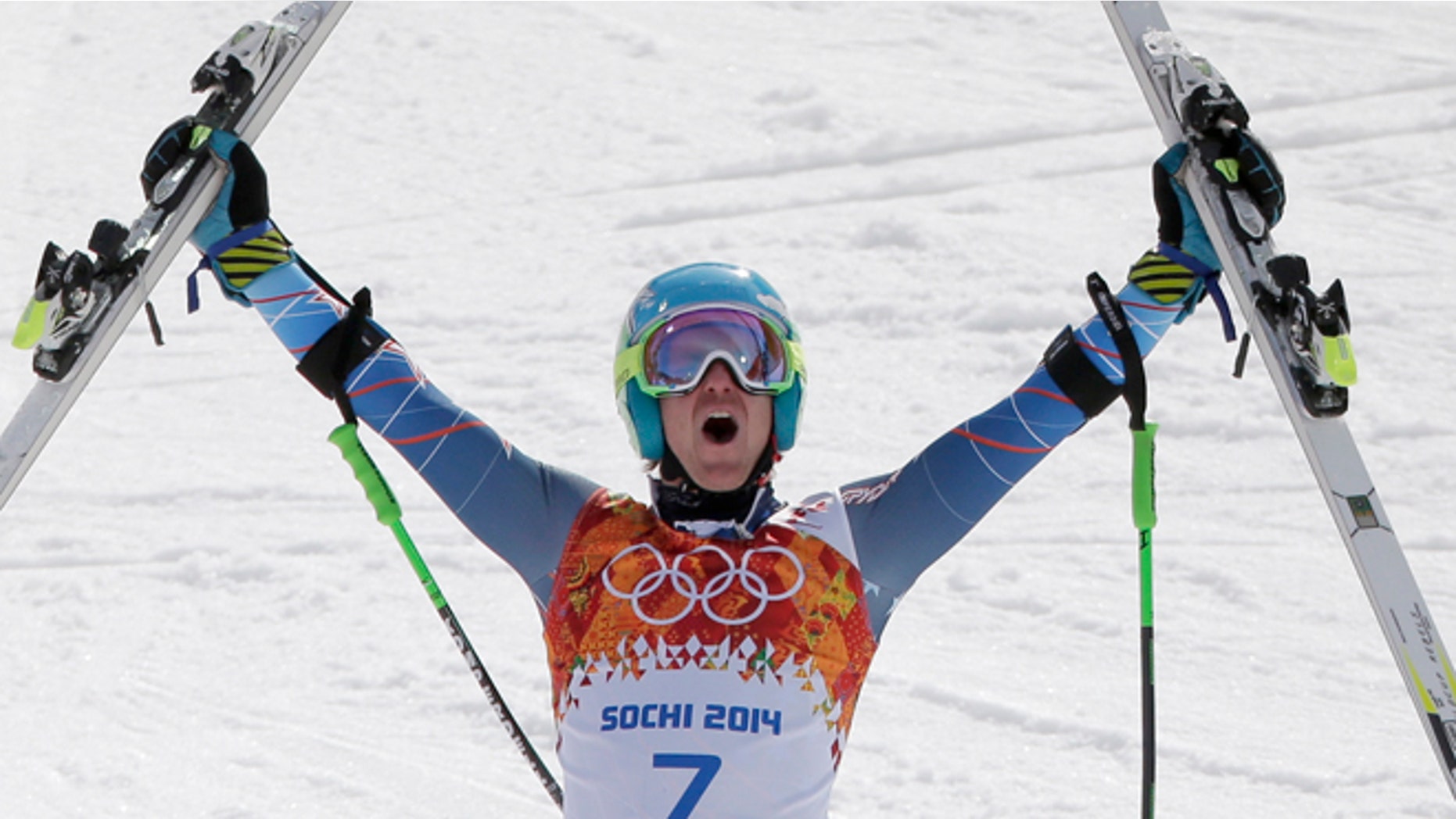 Feb. 19, 2014: United States' Ted Ligety celebrates after winning the gold medal in the men's giant slalom at the Sochi 2014 Winter Olympics in Krasnaya Polyana, Russia.