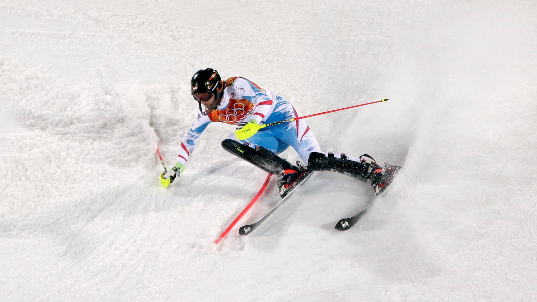 Feb. 22, 2014: Austria's Mario Matt skis past a gate in the second run of the men's slalom to win the gold medal at the Sochi 2014 Winter Olympics, in Krasnaya Polyana, Russia.