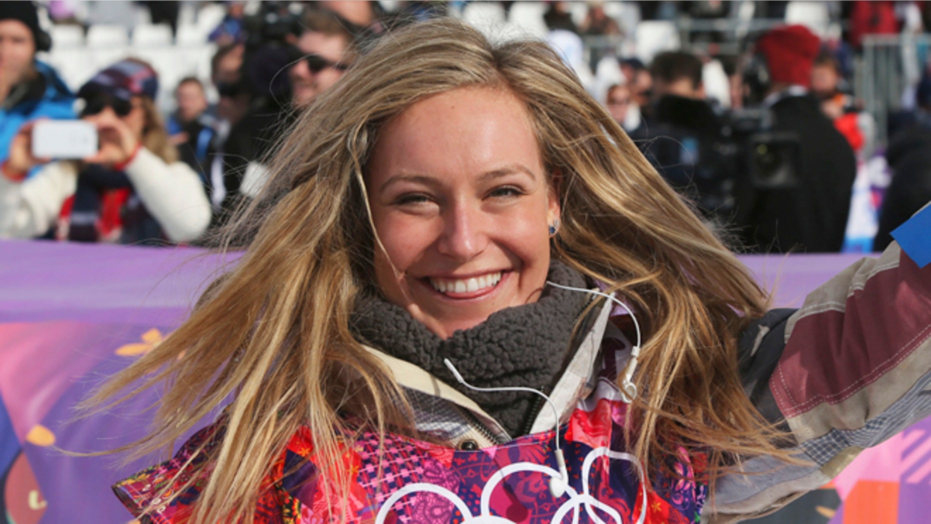 Feb. 9, 2014: Jamie Anderson of the United States celebrates after winning the women's snowboard slopestyle final at the 2014 Winter Olympics in Krasnaya Polyana, Russia.