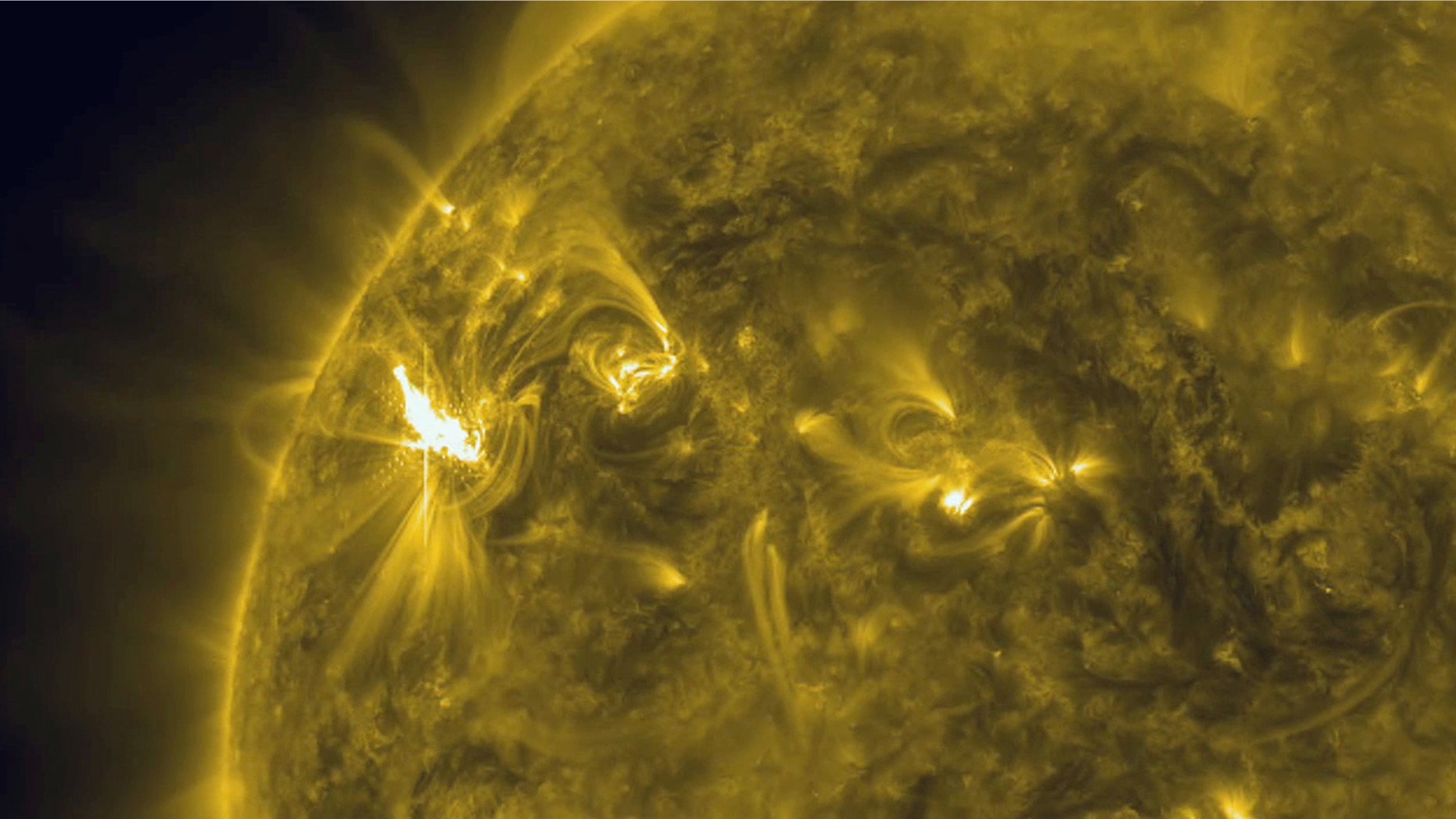An image released by NASA on March 5, 2012 is a view of a X1 solar flare in a new active region on the sun, region 1429. It has let loose two M-class flares and one X-class so far. The M-class flares erupted on March 2 and on March 4. The third flare, rated an X1, peaked at 10:30 ET on March 4. A CME accompanied each flare, though due to the fact that this active region is still off to the side of the sun, they will likely have a weak effect on Earth's magnetosphere. (AP Photo/NASA)