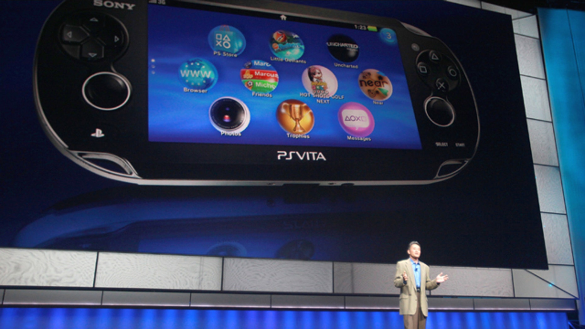 June 6, 2011: Kazuo Hirai, President and Group CEO of Sony Computer Entertainment, introduces the company's next generation portable gaming machine, PlayStation Vita, during a news conference at the E3 Gaming Convention in Los Angeles.