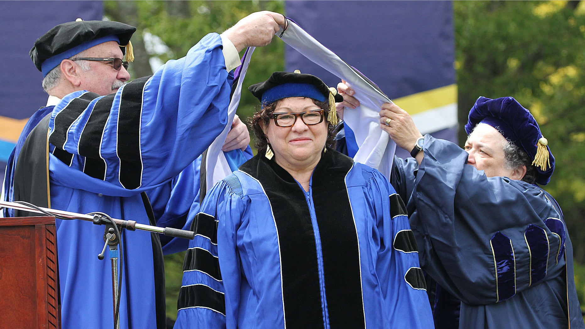 U.S. Supreme Court Justice Sonia Sotomayor receives an Honorary Doctor of Laws degree during the University of Rhode Island commencement ceremony, Sunday, May 22, 2016, in South Kingstown, R.I. Sotomayor also spoke at the Sunday afternoon commencement ceremony. (Glenn Osmundson/The Providence Journal via AP)