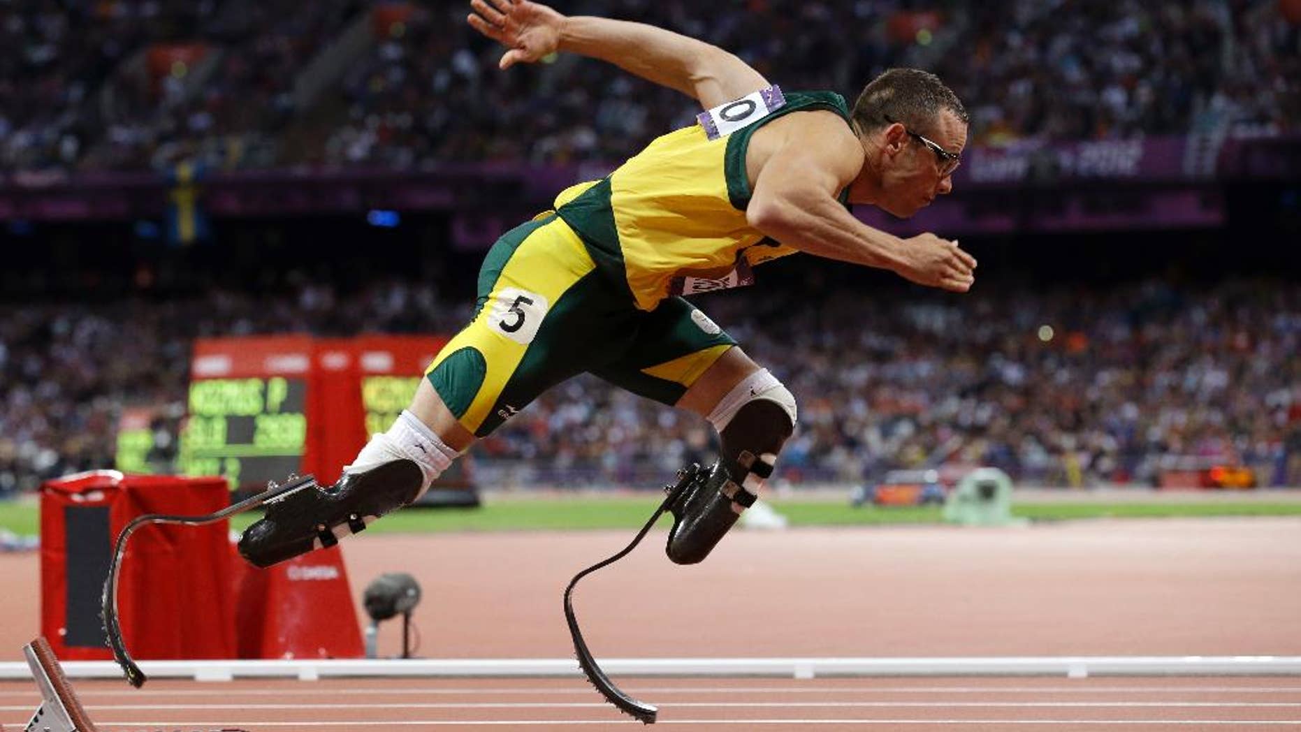 FILE - In this Sunday, Aug. 5, 2014 file photo South Africa's Oscar Pistorius starts in the men's 400-meter semifinal during the athletics in the Olympic Stadium at the 2012 Summer Olympics, London. Pistorius is free to compete for South Africa again, as long as his running doesn't go against the ruling of the judge. Pistorius, who is to be sentenced next month after being found guilty in the negligent killing of his girlfriend, could compete at any time because the South African Olympic committee has no regulations preventing someone with a criminal record from representing the country. (AP Photo/Anja Niedringhaus, File)