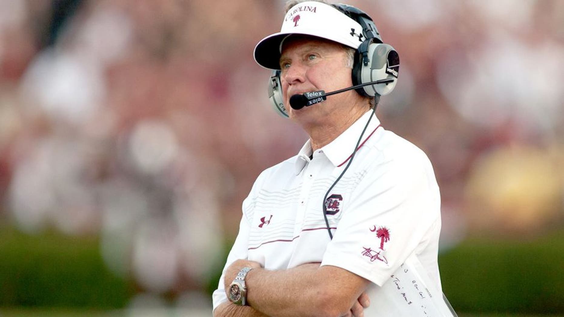 Aug 28, 2014; Columbia, SC, USA; South Carolina Gamecocks head coach Steve Spurrier watches a replay during the second quarter against the Texas A&M Aggies at Williams-Brice Stadium. Mandatory Credit: Jeremy Brevard-USA TODAY Sports