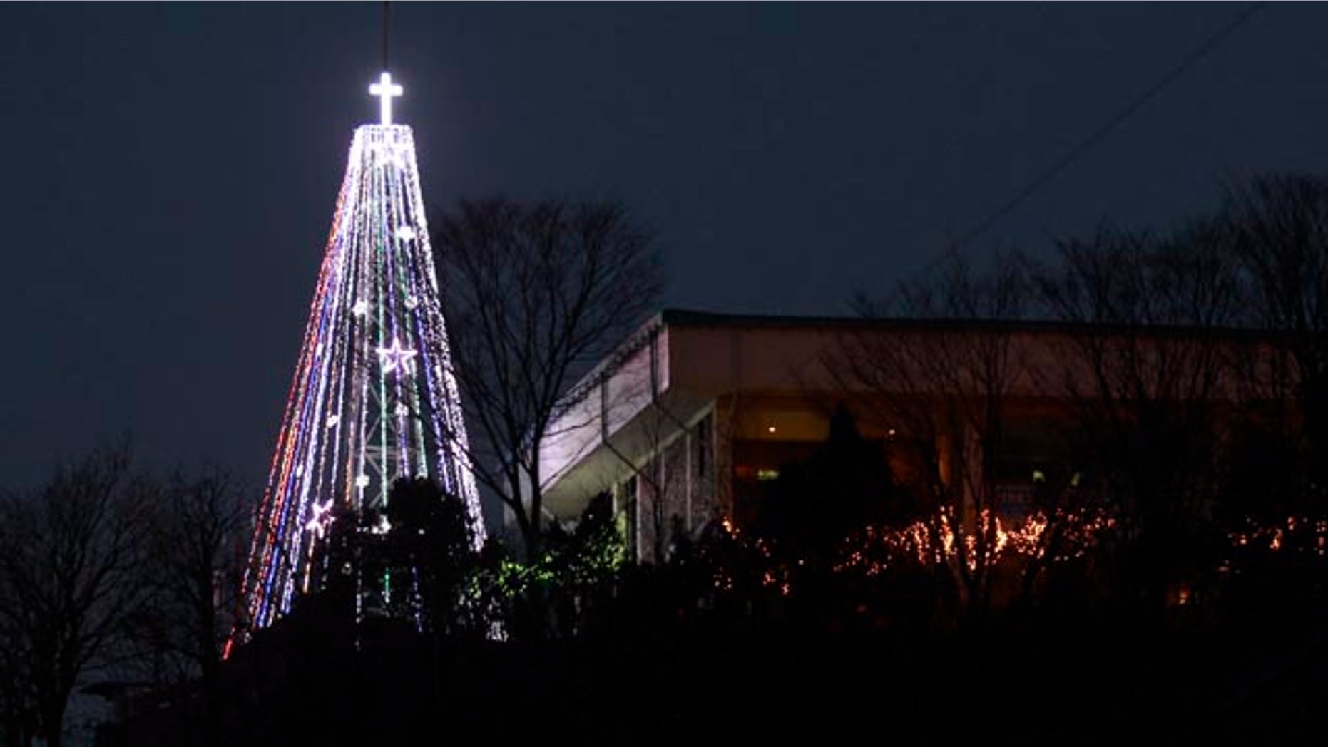 This Tuesday, Dec. 21, 2010 photo shows a giant steel Christmas tree lit up at the western mountain peak known as Aegibong in Gimpo, South Korea. South Korean military officials said they pulled down the tree near the country's heavily-armed border with North Korea at a time when the countries are pursuing better ties after months of animosity. (AP Photo/Lee Jin-man)