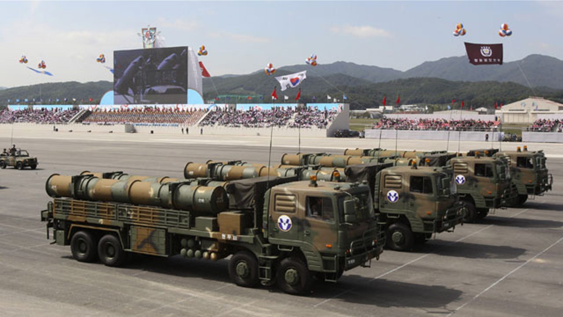 October 1, 2013: South Korean Hyunmu-3 cruise missiles are displayed during a ceremony marking the 65th anniversary of Armed Forces Day at a military airport near Seoul, in Seongnam, South Korea. South Korea displayed the domestically-built missiles capable of hitting all parts of North Korea and other sophisticated weapons at the country's biggest Armed Forces Day ceremony in a decade. (AP Photo)