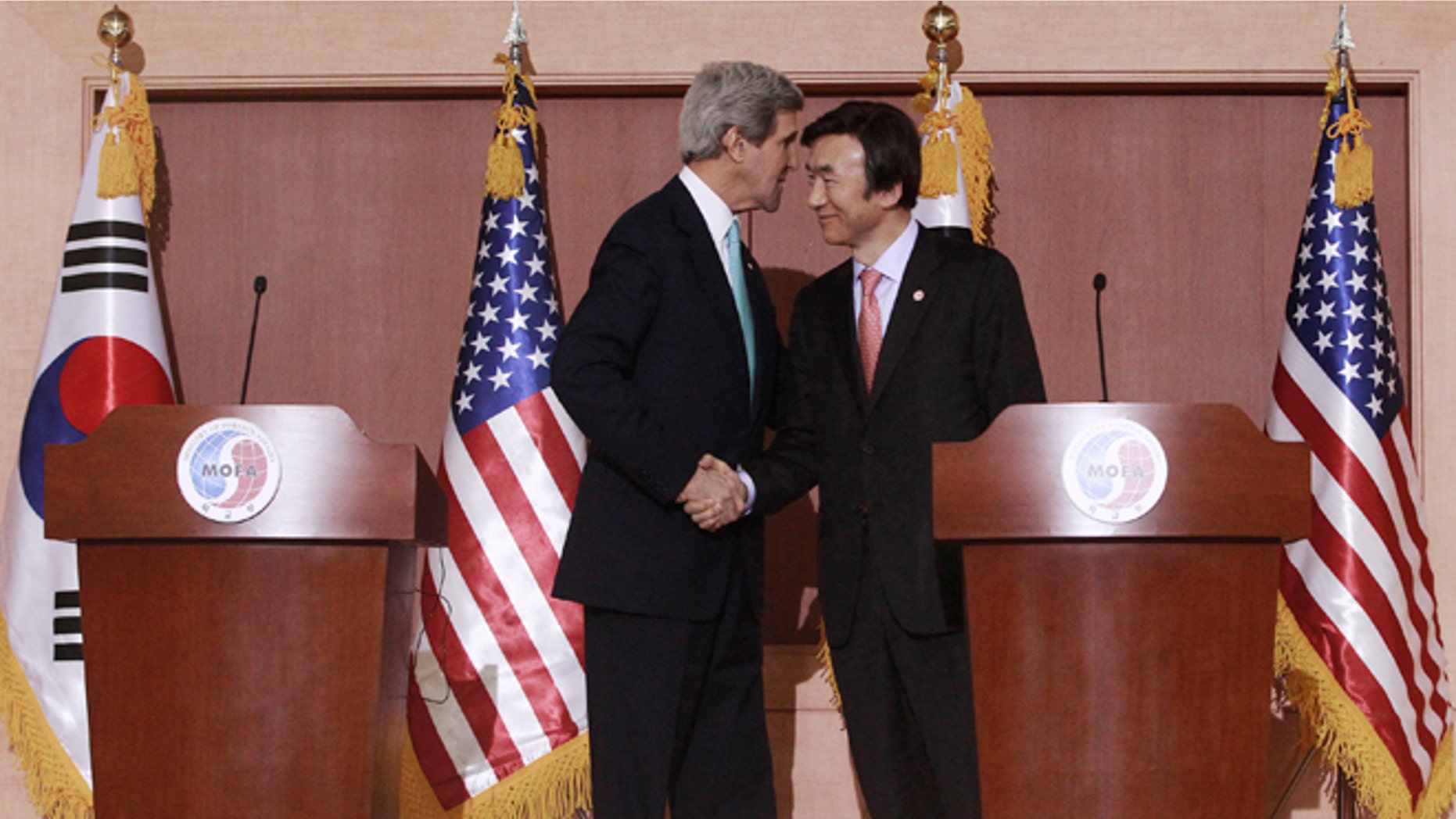 Feb. 14, 2014: U.S. Secretary of State John Kerry, left, shakes hands with South Korean Foreign Minister Yun Byung-se at the end of their press conference at the Foreign Ministry in Seoul, South Korea.