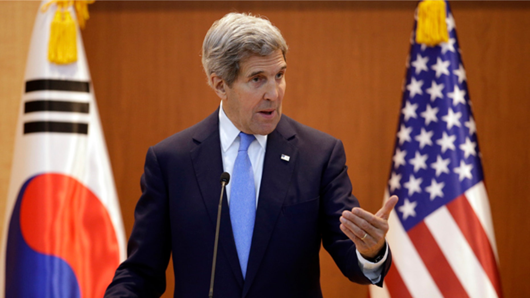 May 18, 2015: U.S. Secretary of State John Kerry answers a reporter's question during a joint news conference following meetings with South Korean Foreign Minister Yun Byung-se at the Foreign Ministry in Seoul. (AP Photo/Lee Jin-man, Pool)