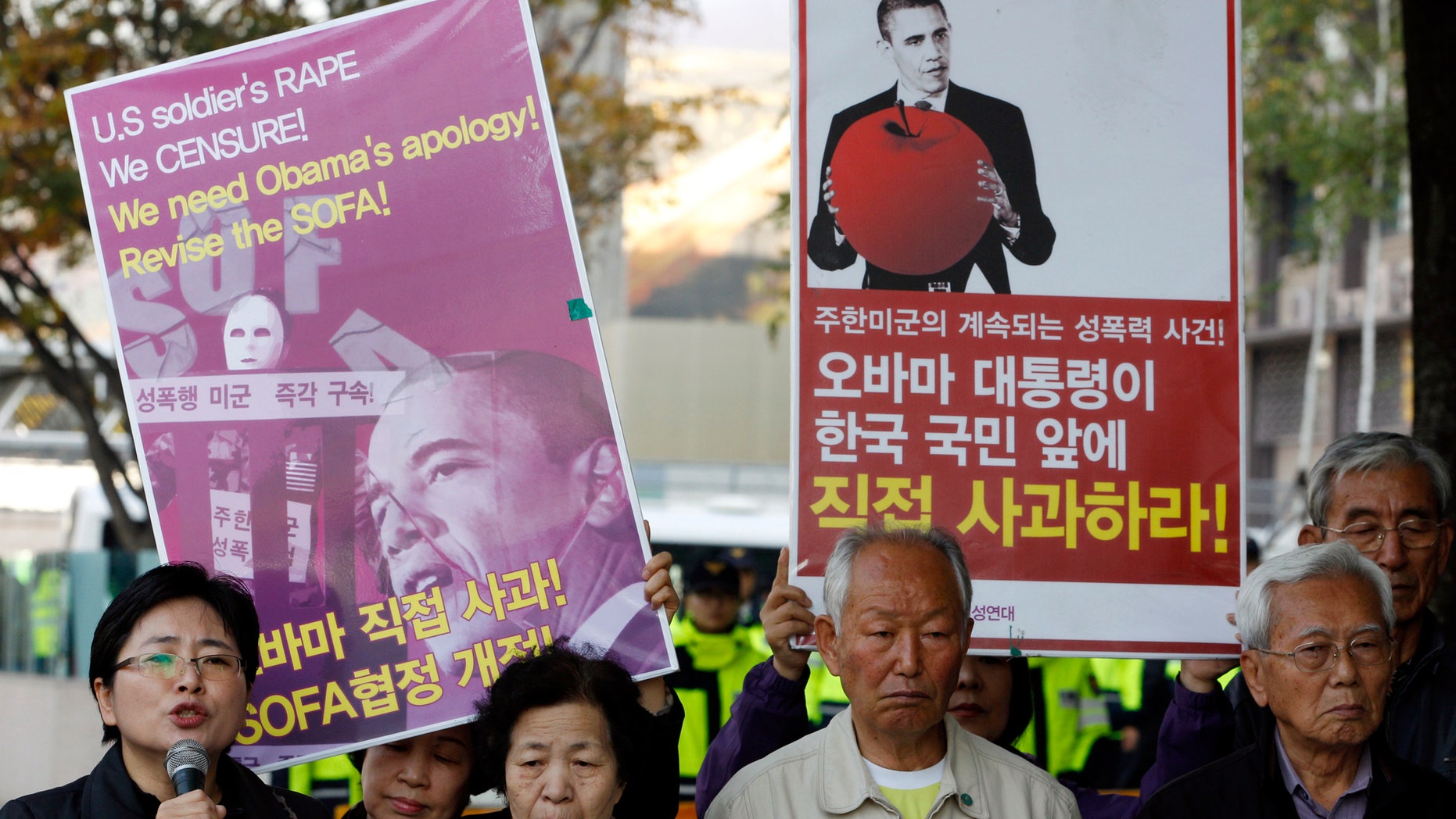 Nov. 1, 2011: South Korean protesters participate in a rally denouncing the crime of U.S. soldiers near the U.S. Embassy in Seoul, South Korea.