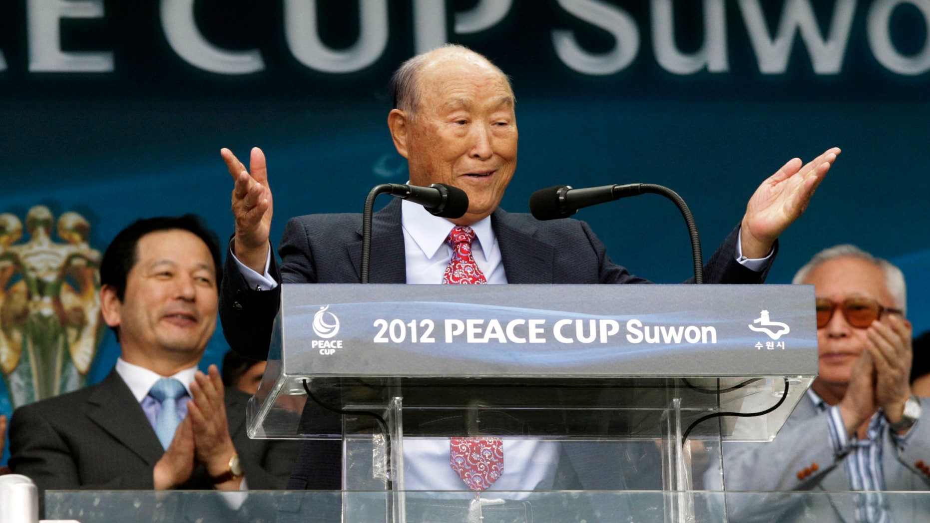 July 19, 2012: In this file photo, Rev. Sun Myung Moon, the controversial founder of the Unification Church, speaks during the opening ceremony of the 2012 Peace Cup Suwon at Suwon World Cup Stadium in Suwon, South Korea.