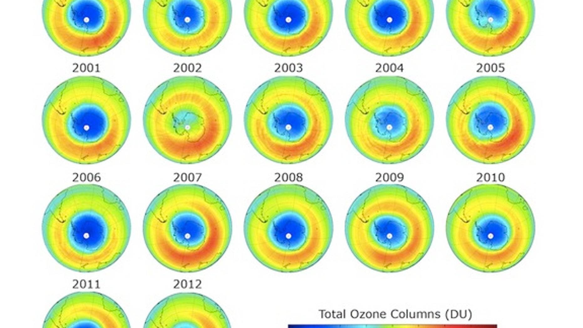 This graphic shows the ozone hole over Antarctica in blue. The depletion in 2012 was smaller than any time in the past 10 years.