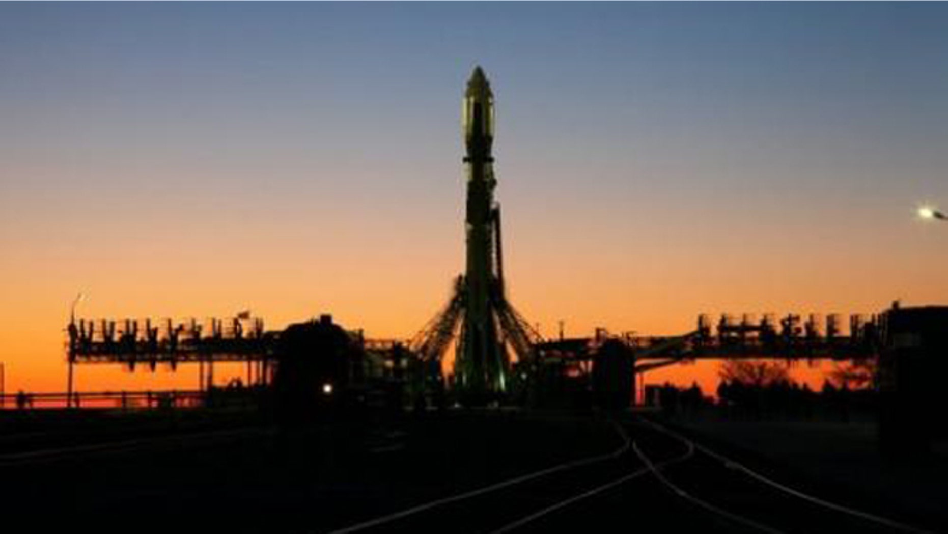 April 18, 2013: A Soyuz-2.1b carrier rocket, carrying a Bion-M capsule is seen on the launch pad a Russia's Baikonur cosmodrome.