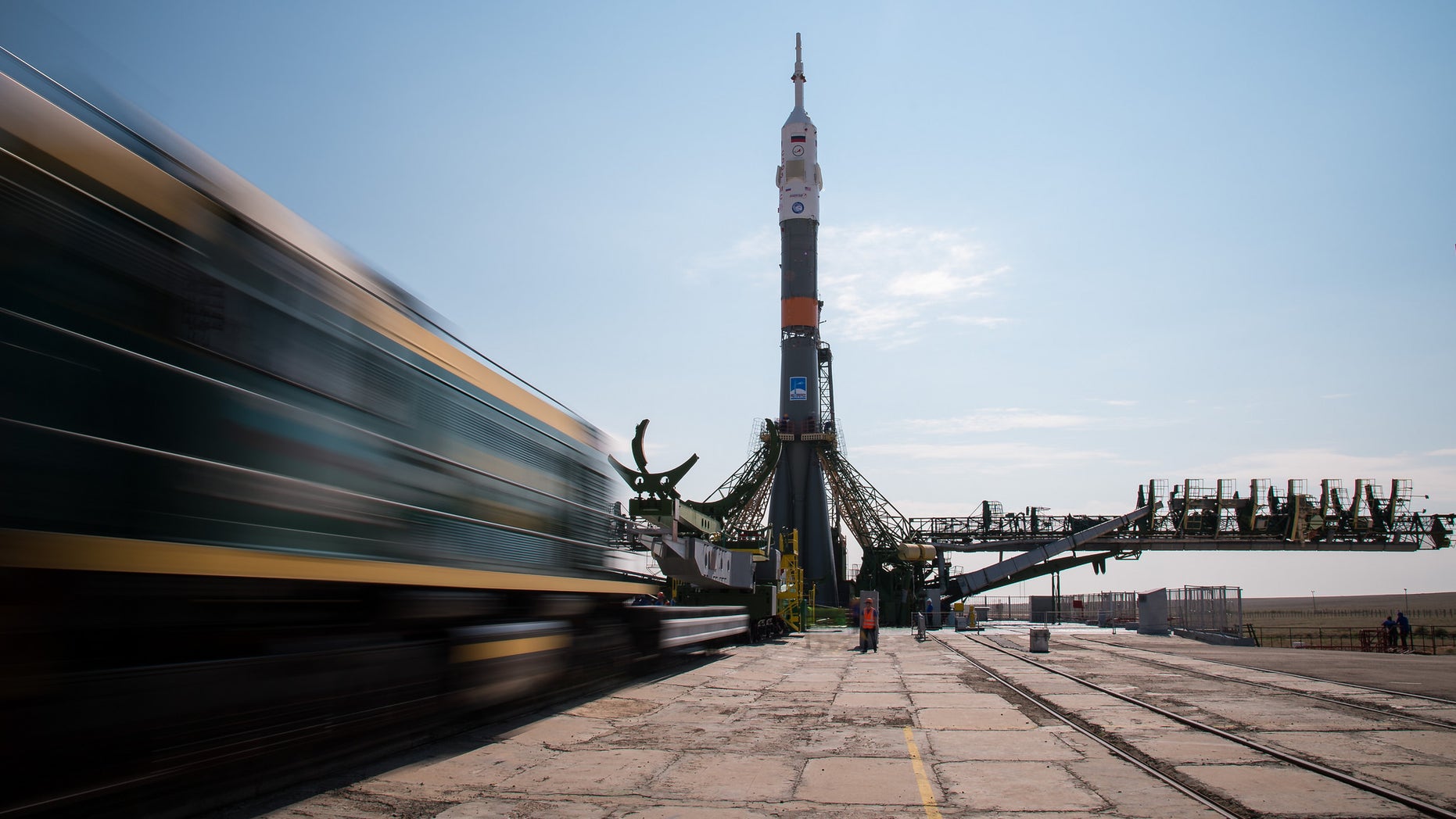The Soyuz MS-01 spacecraft on the launchpad at the Baikonur Cosmodrome in Kazakhstan on Monday, July 4, 2016. Three crewmembers will make a two-day trip to the International Space Station in the upgraded vehicle.