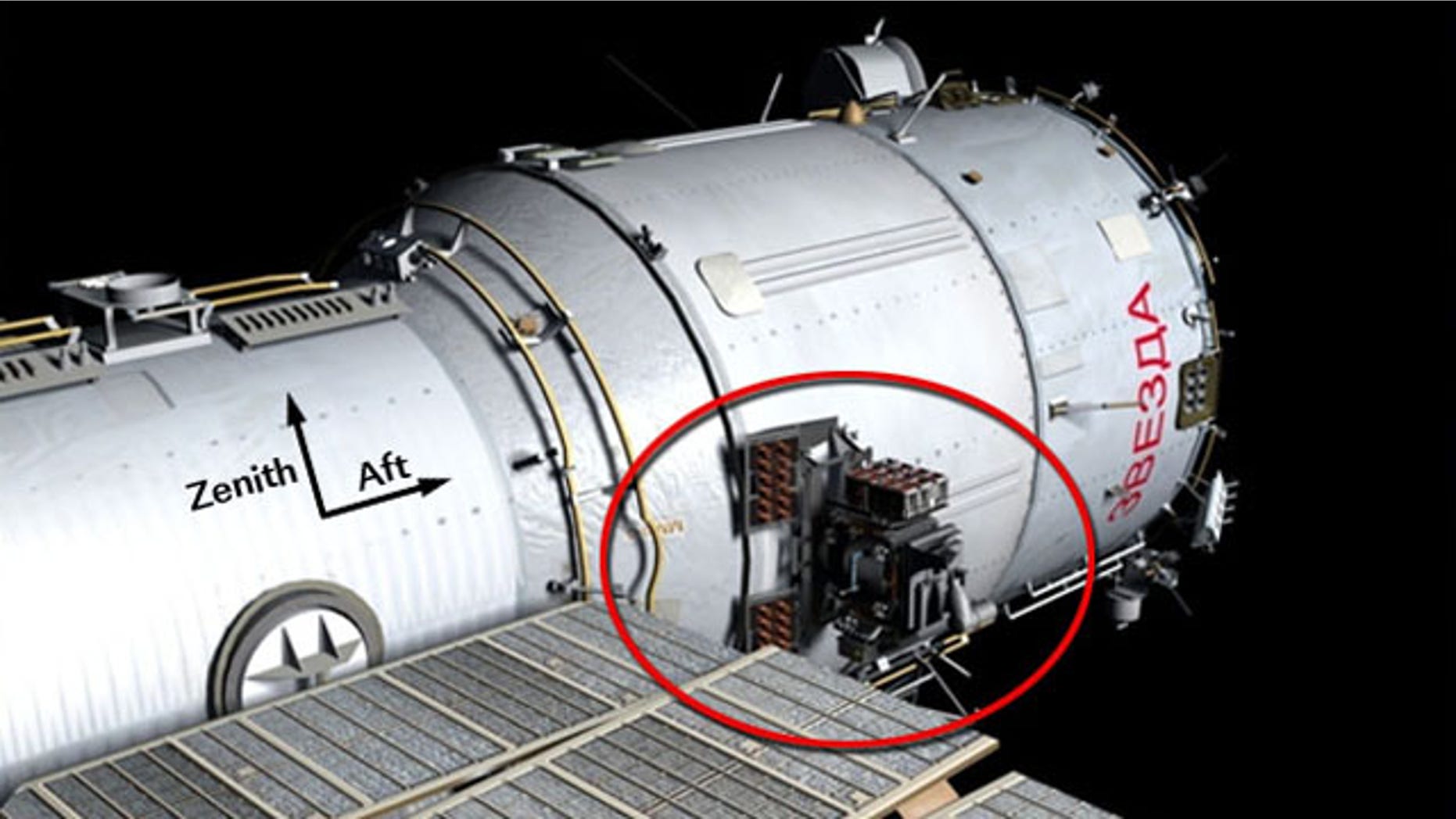 The location of the Expose-R and IPI-SM worksite outside the International Space Station, where two Russian cosmonauts will install a new high-speed data transmission system, remove an old plasma pulse experiment, install a camera for the new Rassvet docking module and retrieve a materials exposure package.