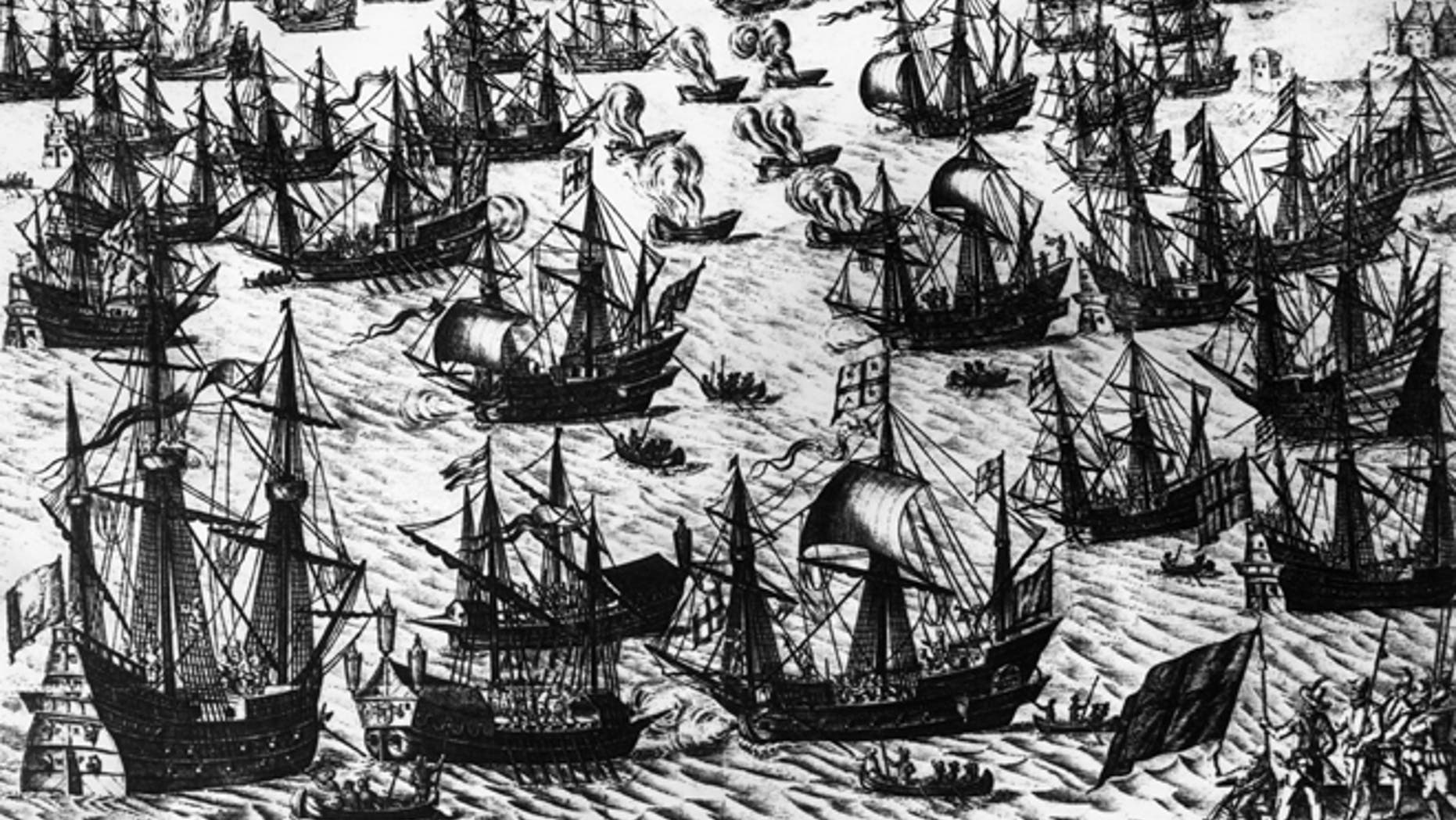 August 1588, A Dutch engraving depicting English fire ships amongst the warships of the Spanish Armada on 7th and 8th August 1588. The Spanish fleet was at anchor and was forced to cut anchor cables and scatter. (Photo by Hulton Archive/Getty Images)