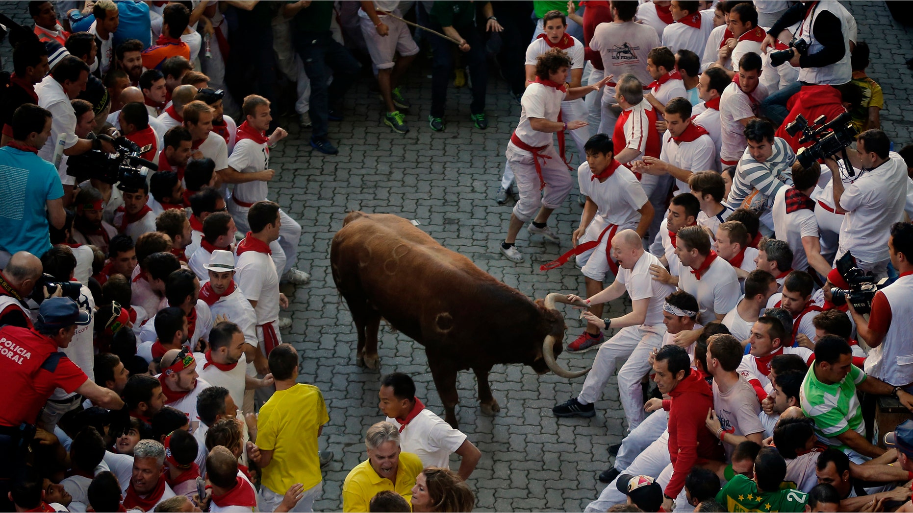 A reveler grabs the horn of an Alcurrucen's ranch fighting bull during the running of the bulls of the San Fermin festival, in Pamplona, Spain, Sunday, July 7, 2013.