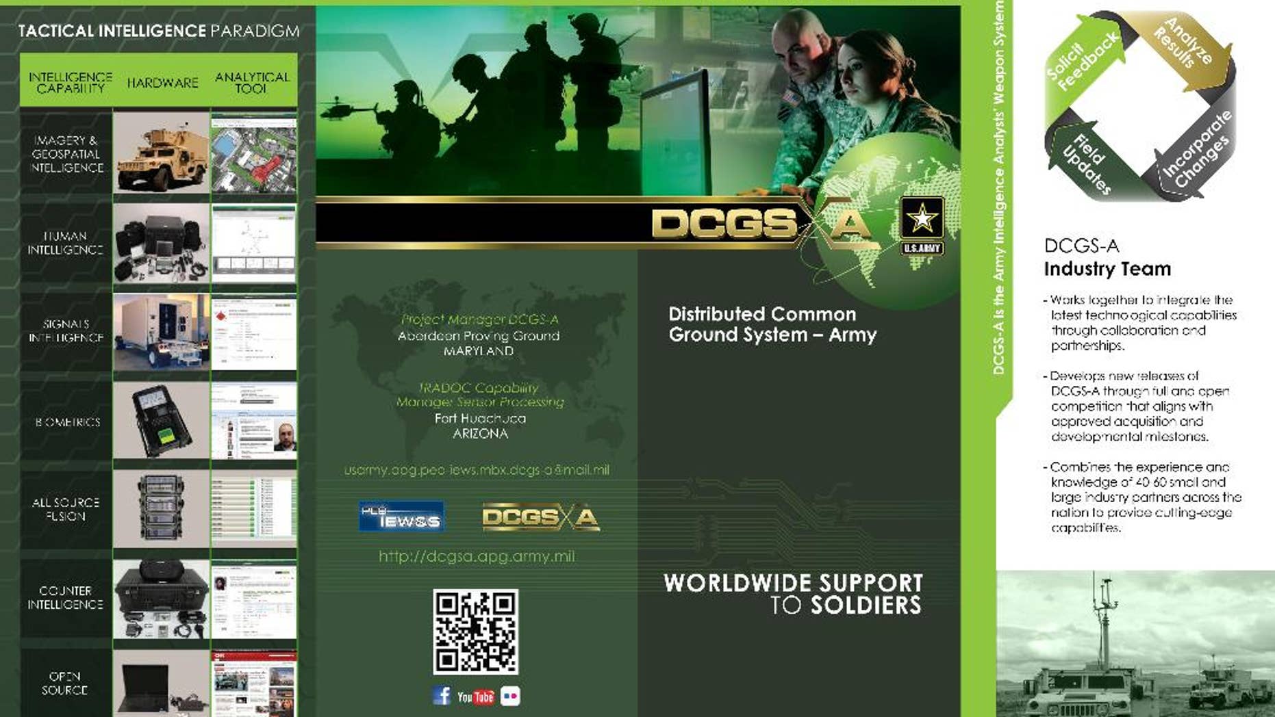 This image provided by the U.S. Army shows a page from a brochure about the Distributed Common Ground System. Records obtained by The Associated Press show that military bureaucrats have been trying to force the use of DCGS, an unpopular government-built intelligence system on special operations units deploying to war zones while blocking soldiers from using the commercial alternative they say they need. (AP Photo/U.S. Army