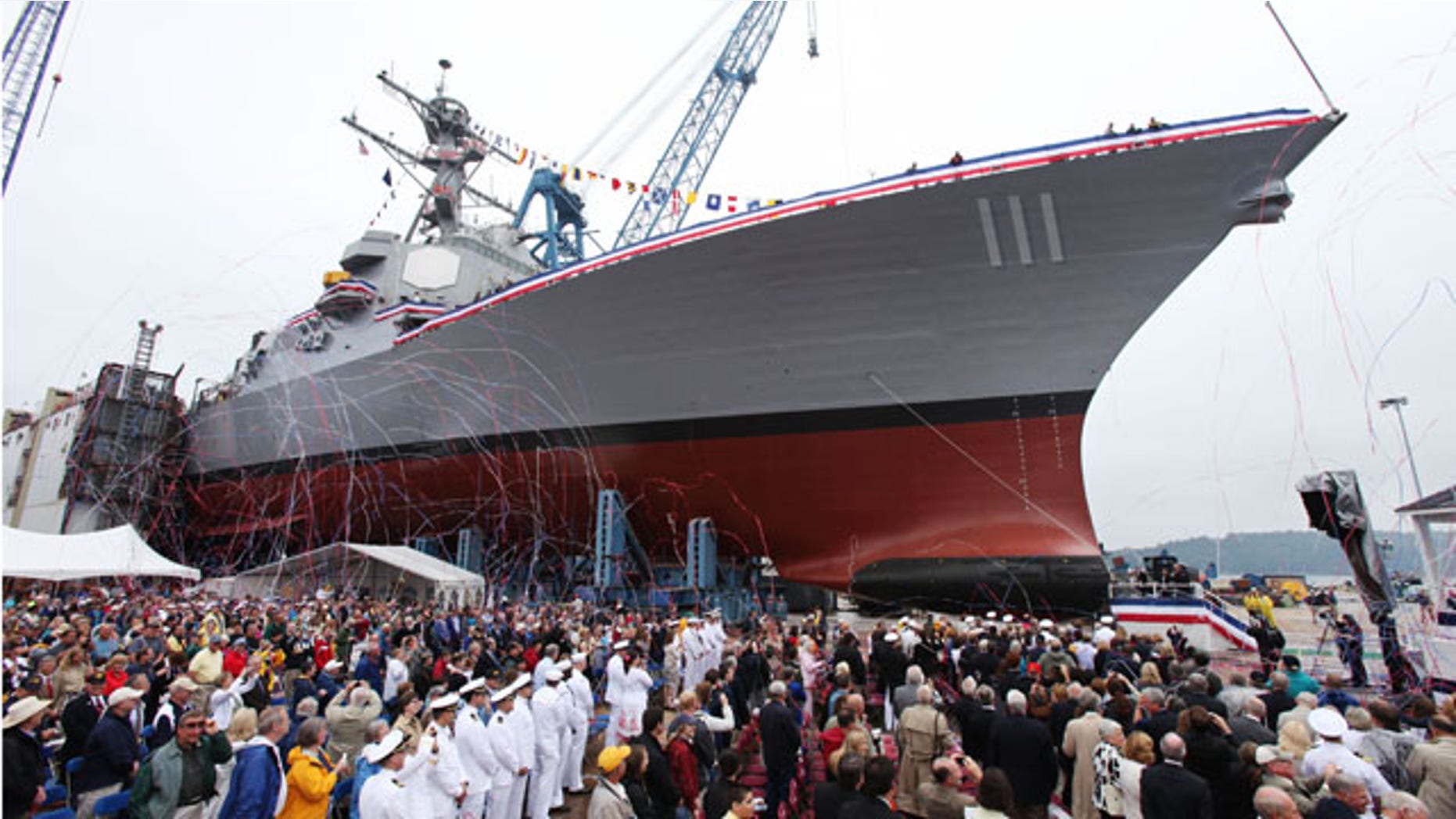 June 5: The Spruance is seen during the christening ceremony at Bath Iron Works in Bath, Maine. (AP)