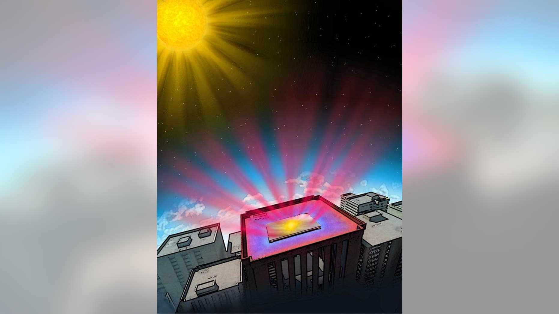 Illustration of the material reflecting incoming sunlight (yellow splotch) and sending heat from inside the structure directly into space as infrared radiation (reddish rays). Blue areas on roof show the cooling effect.