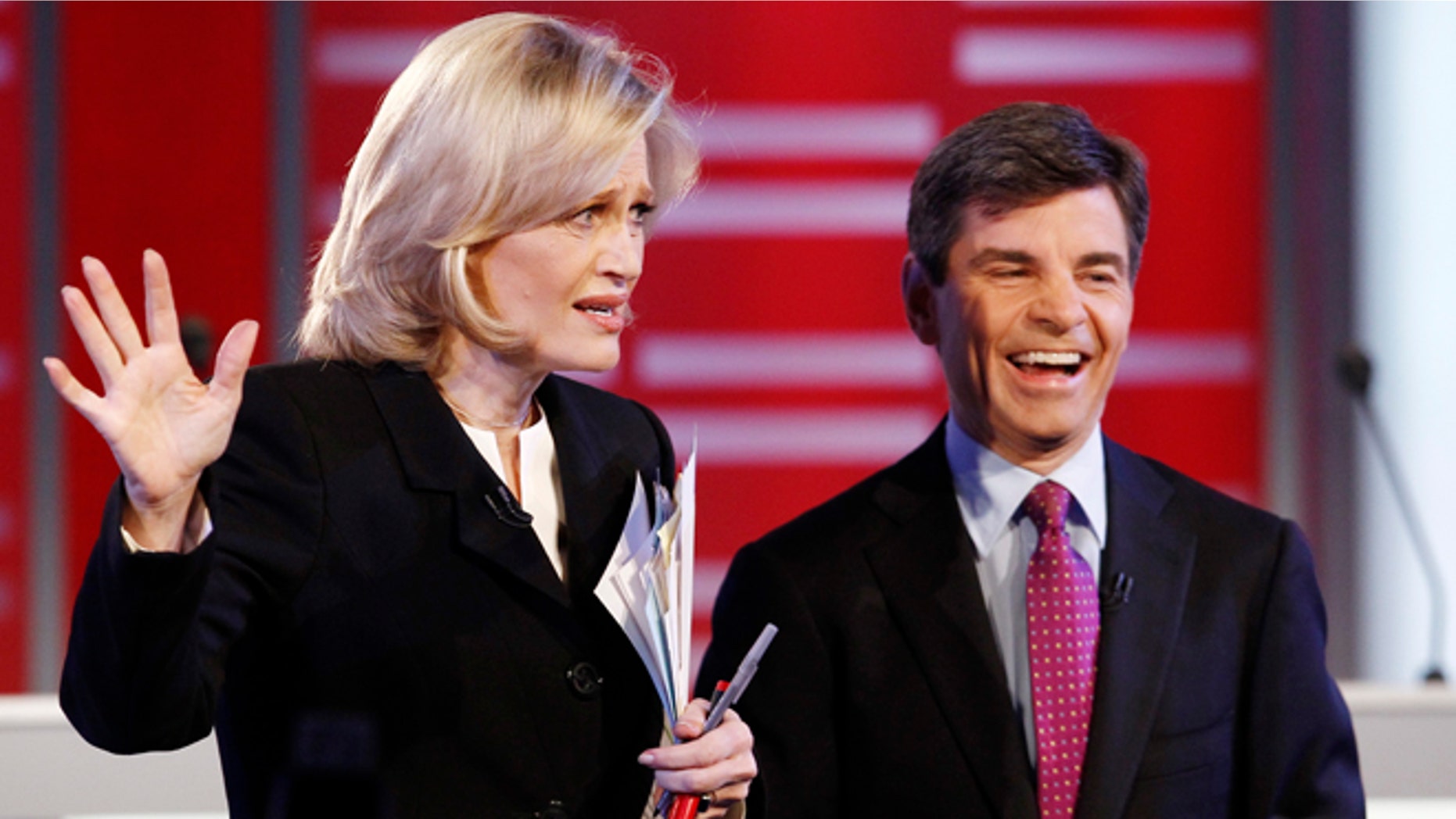 Dec. 10, 2011: Debate moderators Diane Sawyer and George Stephanopoulos speak before the Republican presidential candidates debate at Drake University in Des Moines, Iowa.