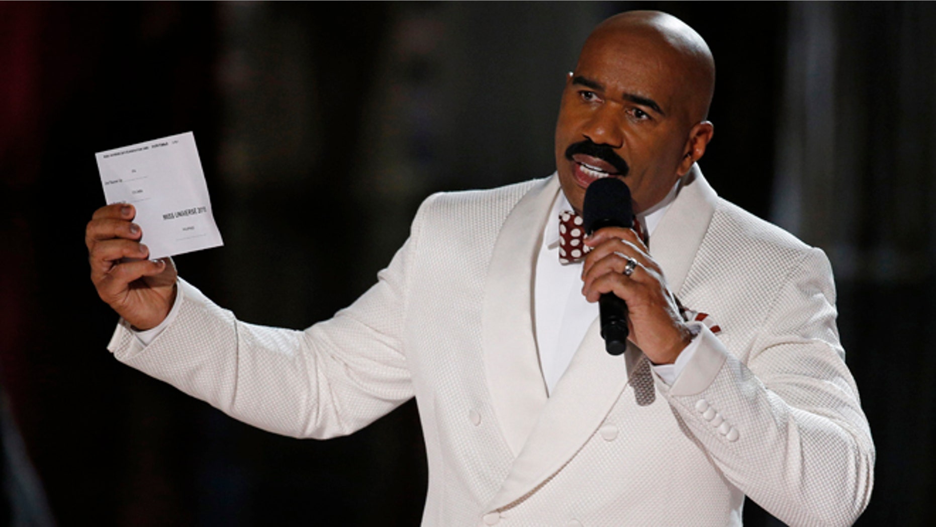 Steve Harvey holds up the card showing the winners after he incorrectly announced Miss Colombia Ariadna Gutierrez at the winner at the Miss Universe pageant Sunday, Dec. 20, 2015, in Las Vegas. According to the pageant, a misreading led the announcer to read Miss Colombia as the winner before they took it away and gave it to Miss Philippines Pia Alonzo Wurtzbach.(AP Photo/John Locher)