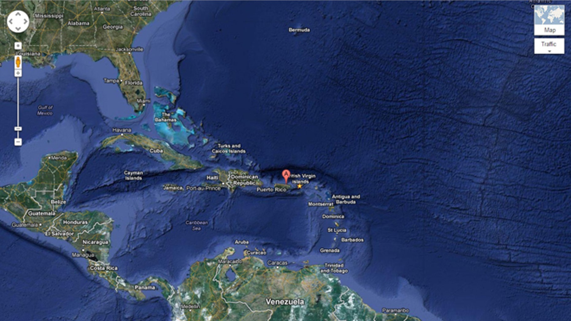A Google Map locates San Juan, Puerto Rico, where an unusual site has caught the public's eye: a lone male bottlenose dolphin cavorting in the waters.