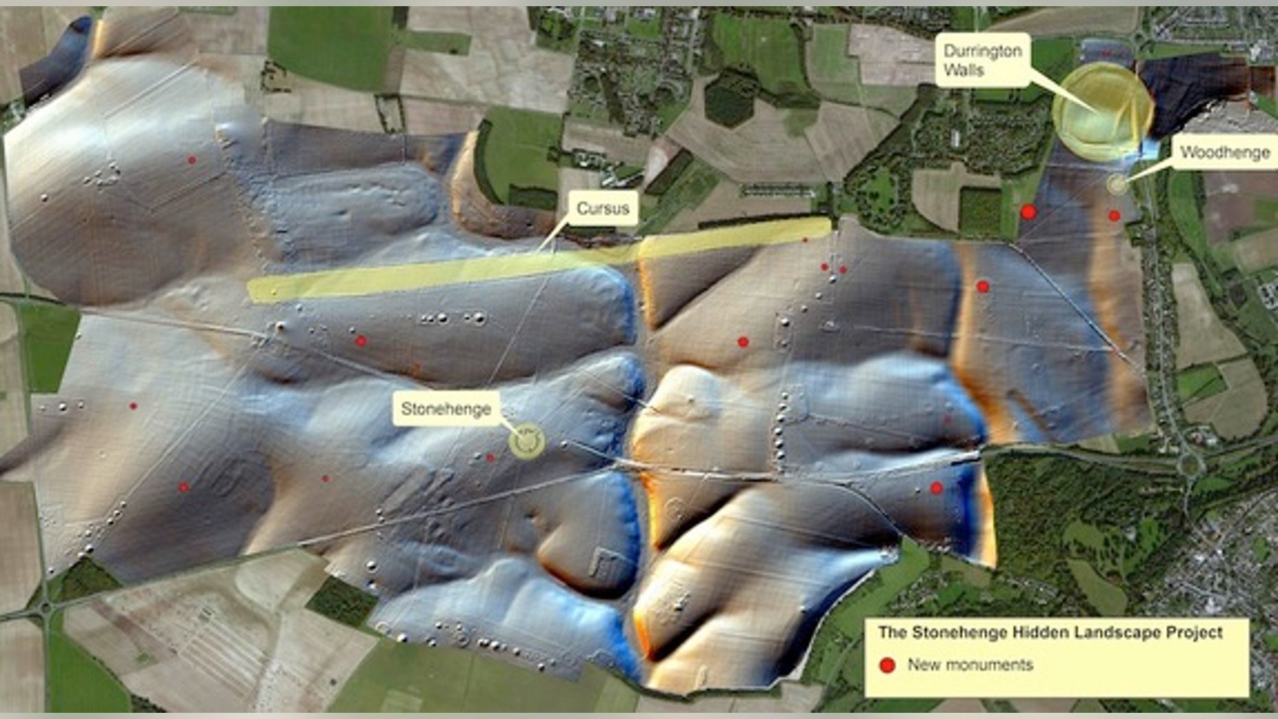 The red circles mark the spots where archaeologists found satellite shrines around Stonehenge.