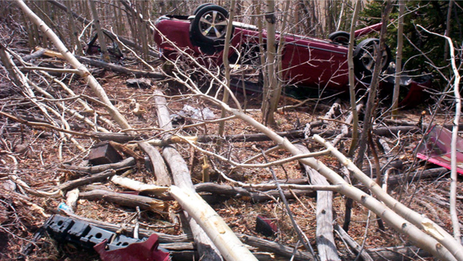 May 4, 2013: In this photo provided by the Park County Sheriffs Office, Kristin Hopkins' car is seen after she drove off the roadway near the old mining town of Fairplay, Colo., sometime after she was last seen on April 27. (AP Photo/Park County Sheriffs Office)