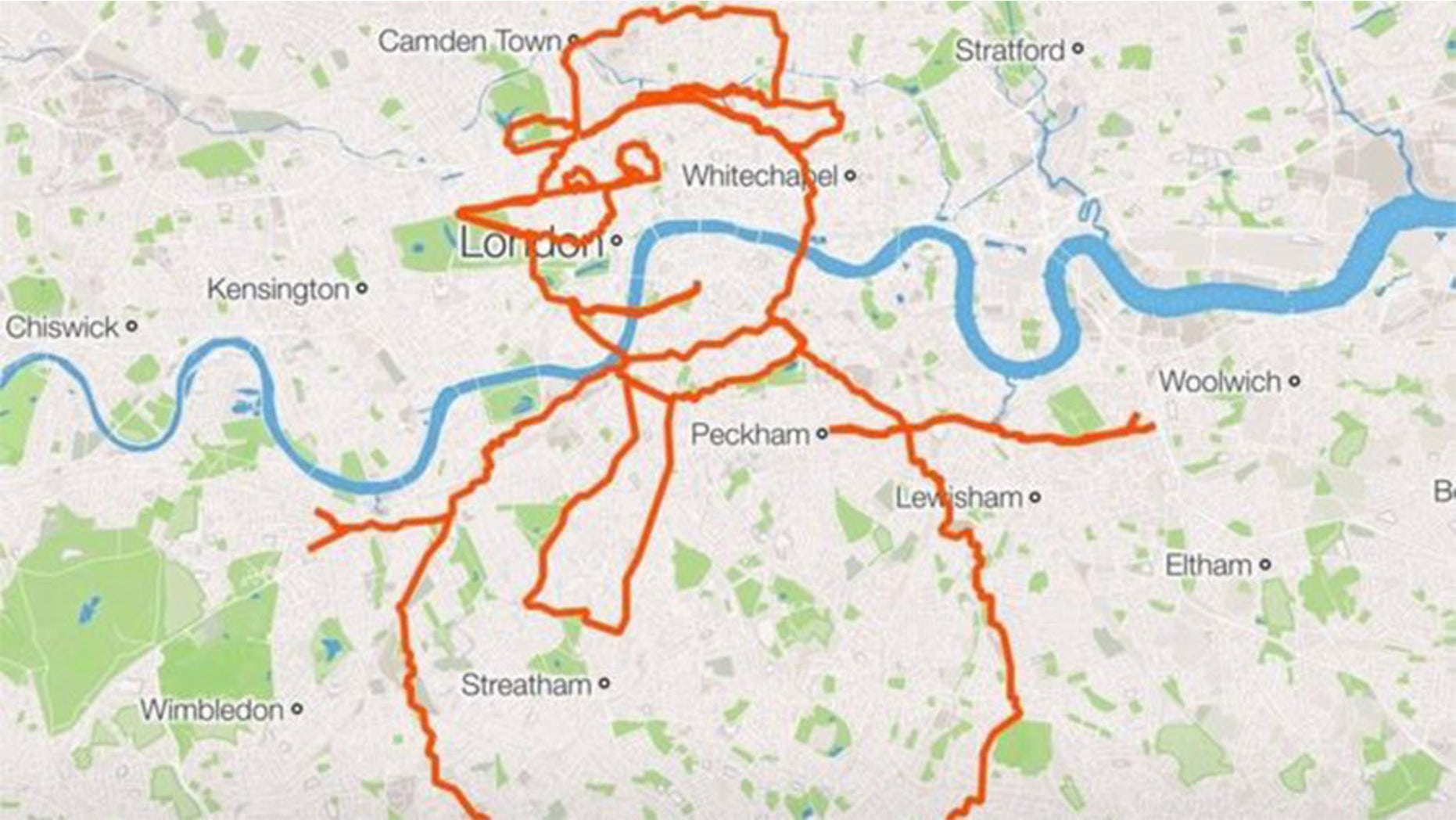 London man, Anthony Hoyte, created the incredibly detailed snowman using the route mapping app Strava.