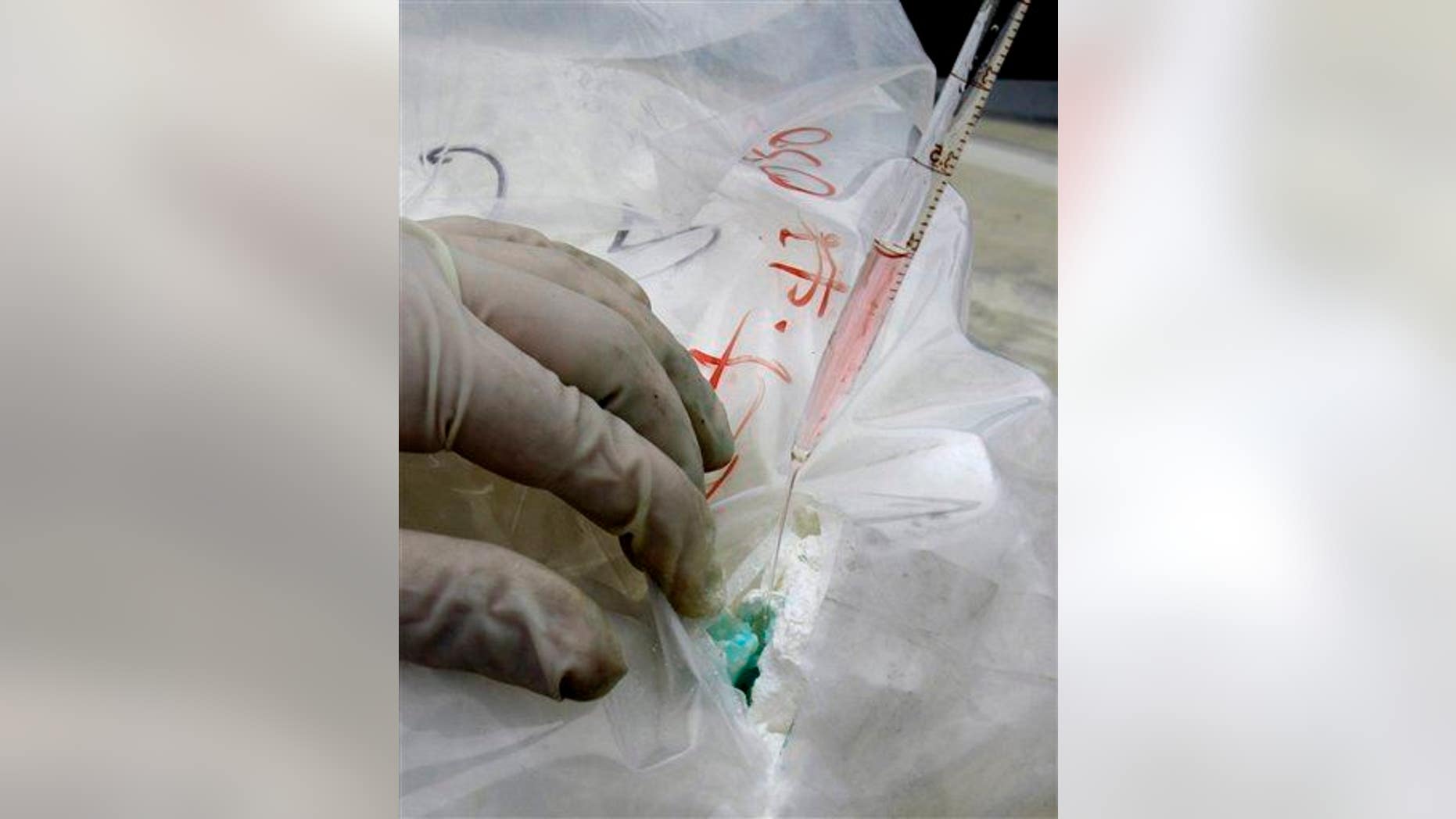 A public health official conducts a test to confirm that the drug inside a bag is cocaine.