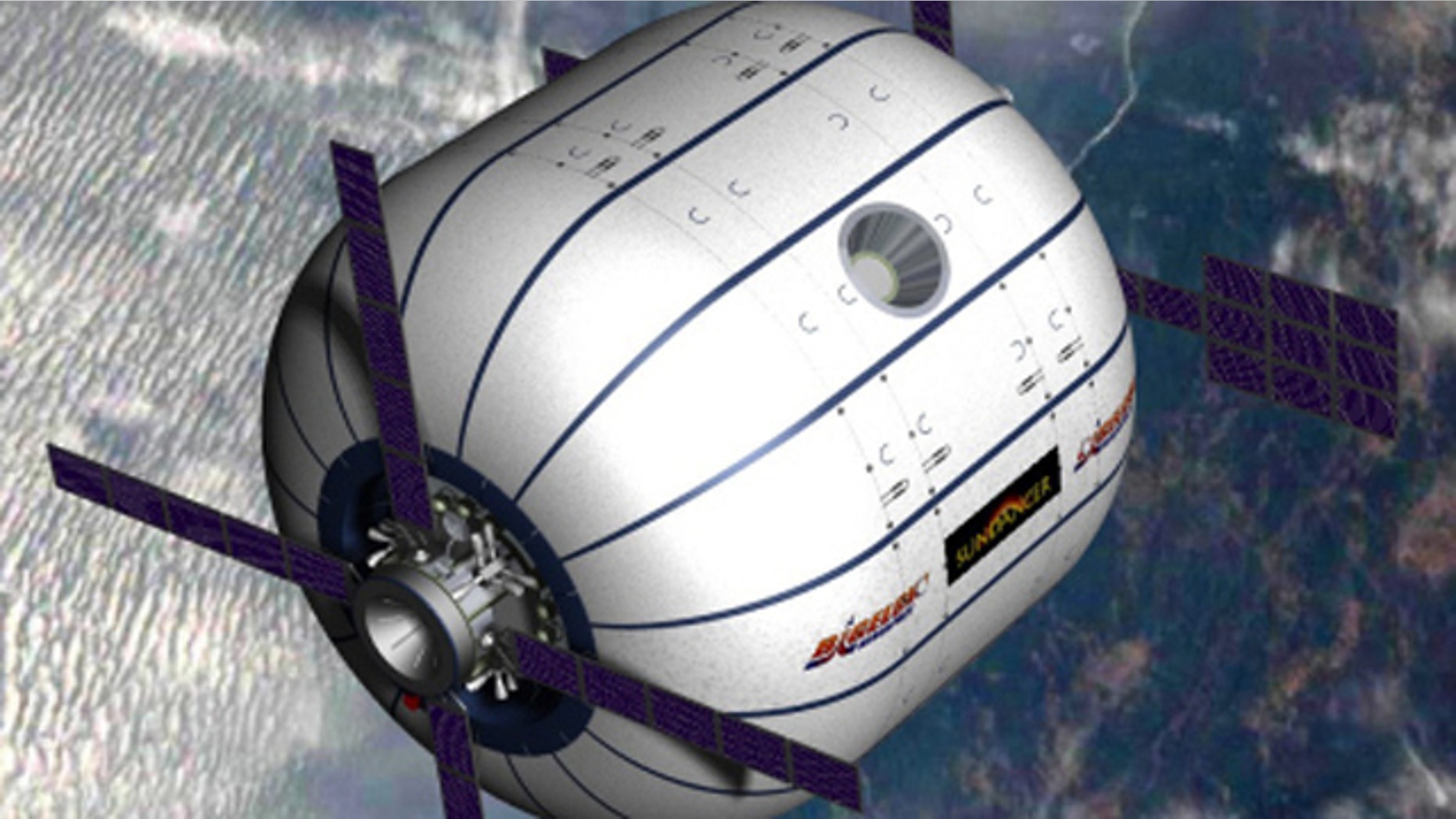 An artists conception of the Sundancer module in orbit, an inflatable space hotel being developed by Bigelow Aerospace.