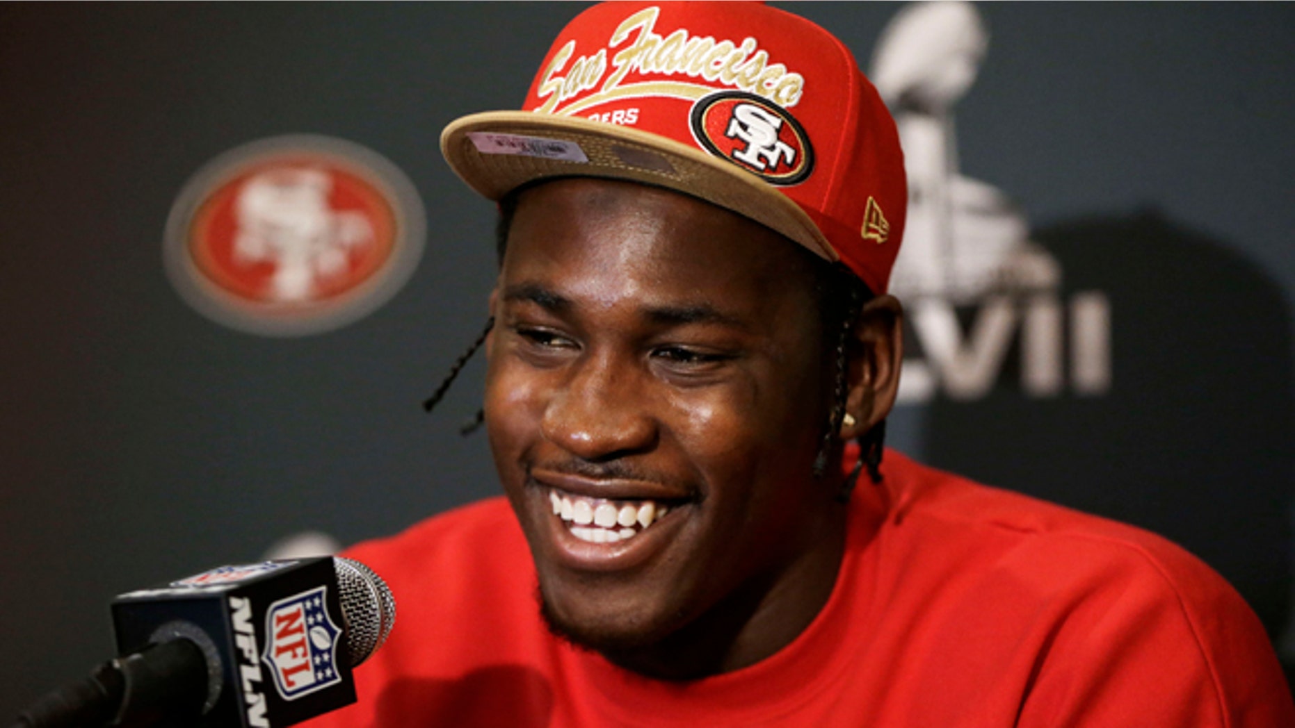 Jan. 28, 2013: San Francisco 49ers linebacker Aldon Smith at news conference in New Orleans before NFL Super Bowl XLVII football game.