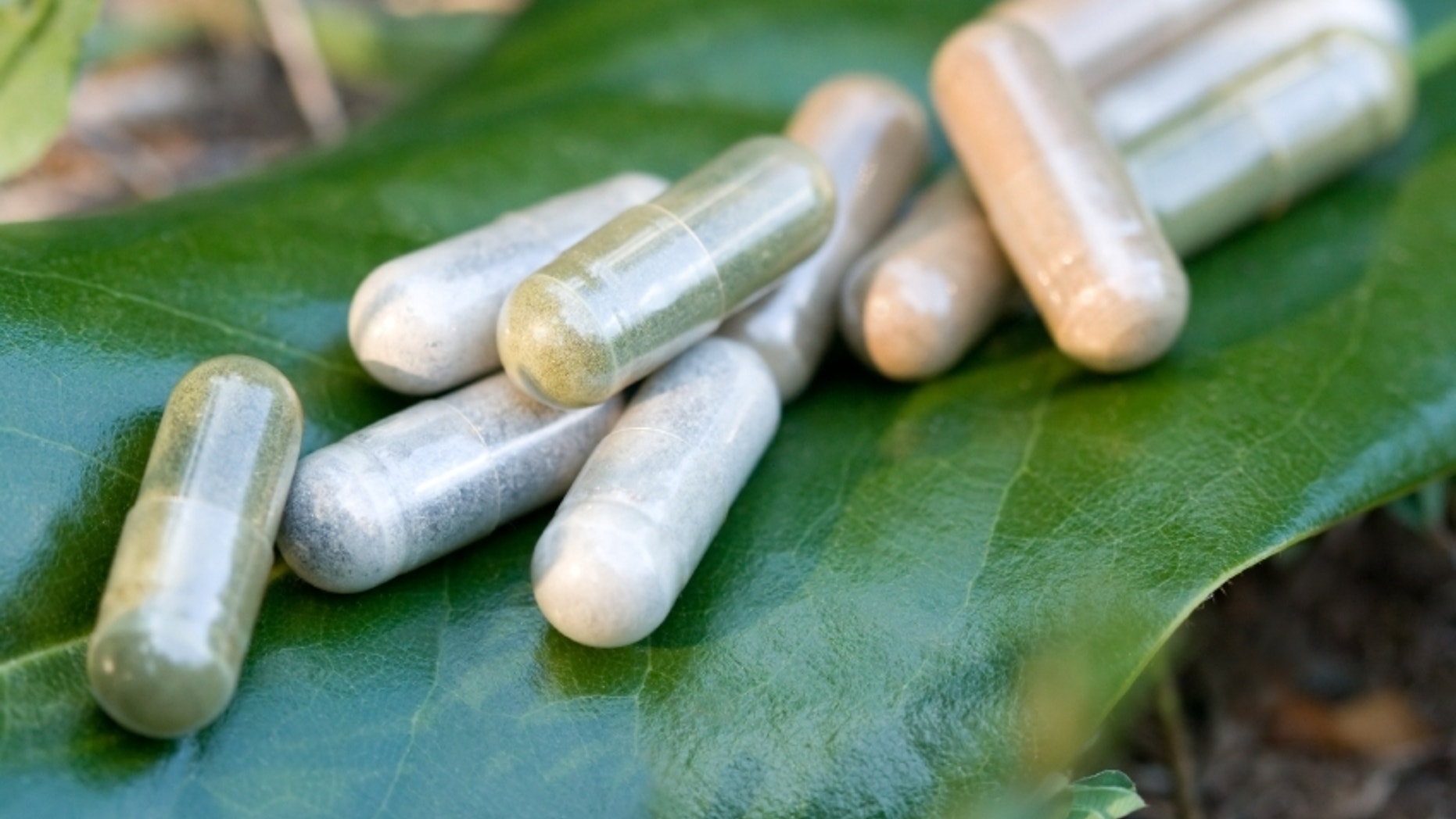 Herbal medicine capsules in a nature environment.
