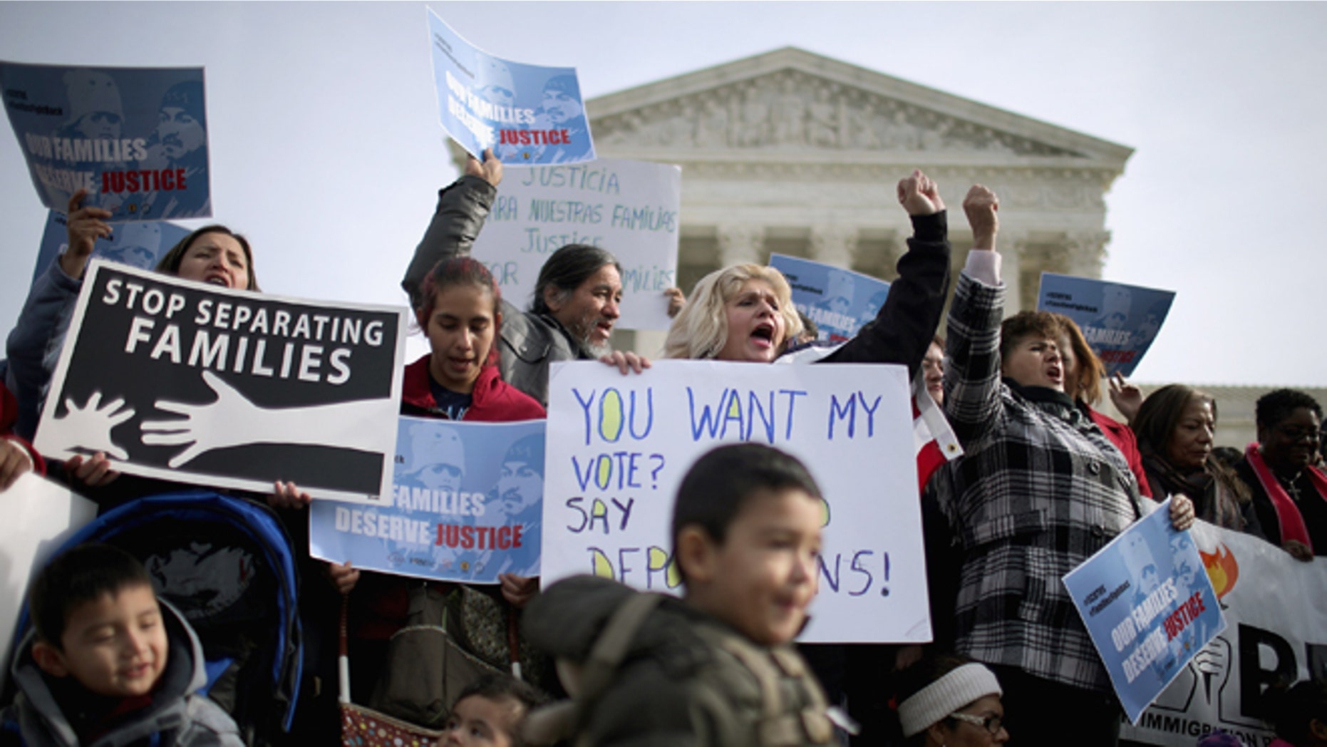 WASHINGTON, DC - JANUARY 15: About fifty pro-immigration reform demonstrators gathered for a rally outside the United States Supreme Court January 15, 2016 in Washington, DC. Organized by immigraiton advocacy group CASA, the demonstrators called on the Supreme Court to take up and overrule a lower court's ruling against President Barack Obama's 2014 immigration executive actions, including the Deferred Action for Parental Accountability (DAPA) program and expanded Deferred Action for Childhood Arrivals (DACA) guidelines. (Photo by Chip Somodevilla/Getty Images)