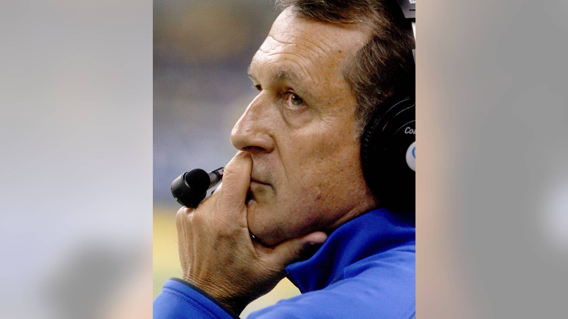 FILE - In this Oct. 18, 2014, file photo, Indiana State coach Mike Sanford watches from the sideline during an NCAA college football game against North Dakota State in Fargo, N.D. Five years ago, the Sycamores were mired in a 33-game losing streak, the fourth longest in Division I history. On Saturday, they’ll travel to Chattanooga, the alma mater of Terrell Owens and Drayton Florence, looking to reach the FCS quarterfinals. (AP Photo/Bruce Crummy, File)