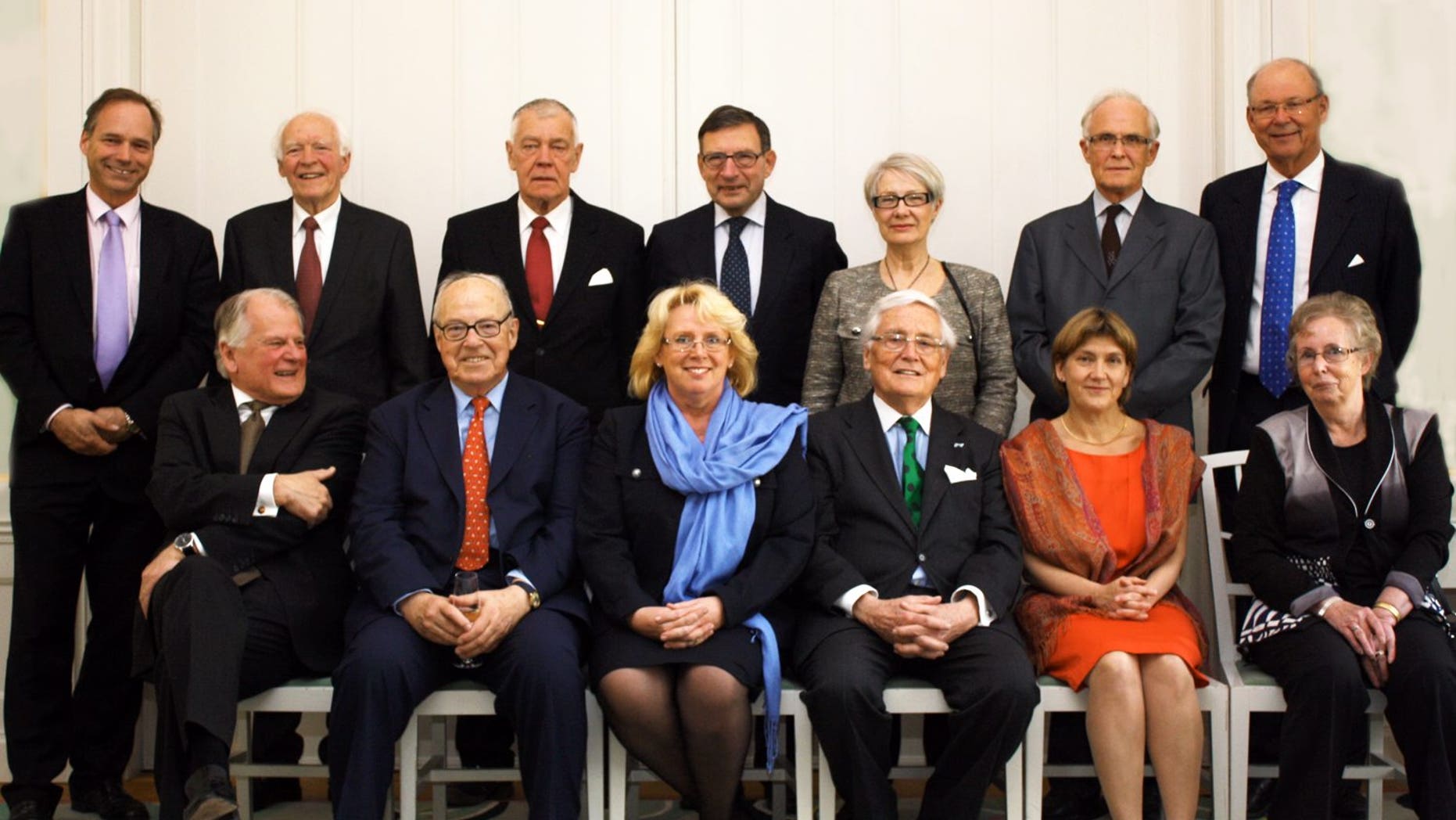 April 16: Current or former top politicians and diplomats pose for a picture prior to a formal dinner focusing on an ongoing environment conference, at Sweden's government headquarters in Stockholm. Margareta Winberg is sitting front right.