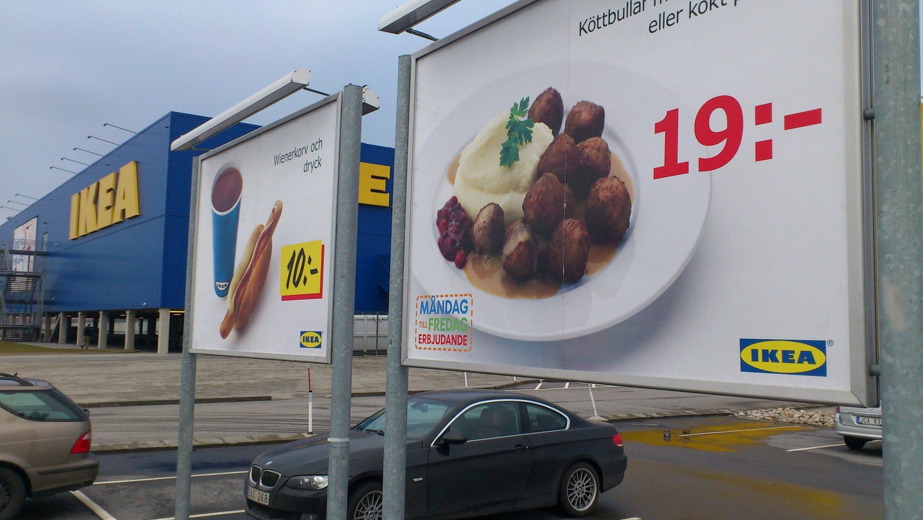 FILE -- Feb. 25, 2012: Advertising for Ikea meat balls at the parking area at an Ikea store in Malmo, Sweden. Furniture retailer Ikea says it has halted all sales of meat balls in Sweden after Czech authorities detected horse meat in frozen meatballs that were labeled as beef and pork.