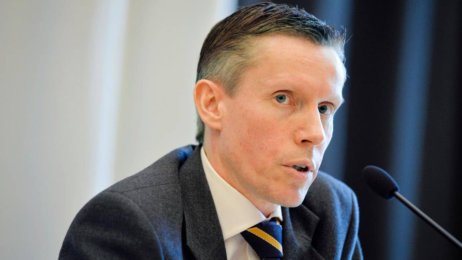 Wilhelm Unge, chief analyst at Swedish security service SAPO, speaks during a press conference as SAPO released its annual report in Stockholm, Wednesday March 18, 2015. SAPO has accused Russia of conducting "extensive" espionage operations, using as many as one-third of its diplomatic staff in the country for clandestine intelligence gathering. (AP Photo/Henrik Montgomery, TT) SWEDEN OUT