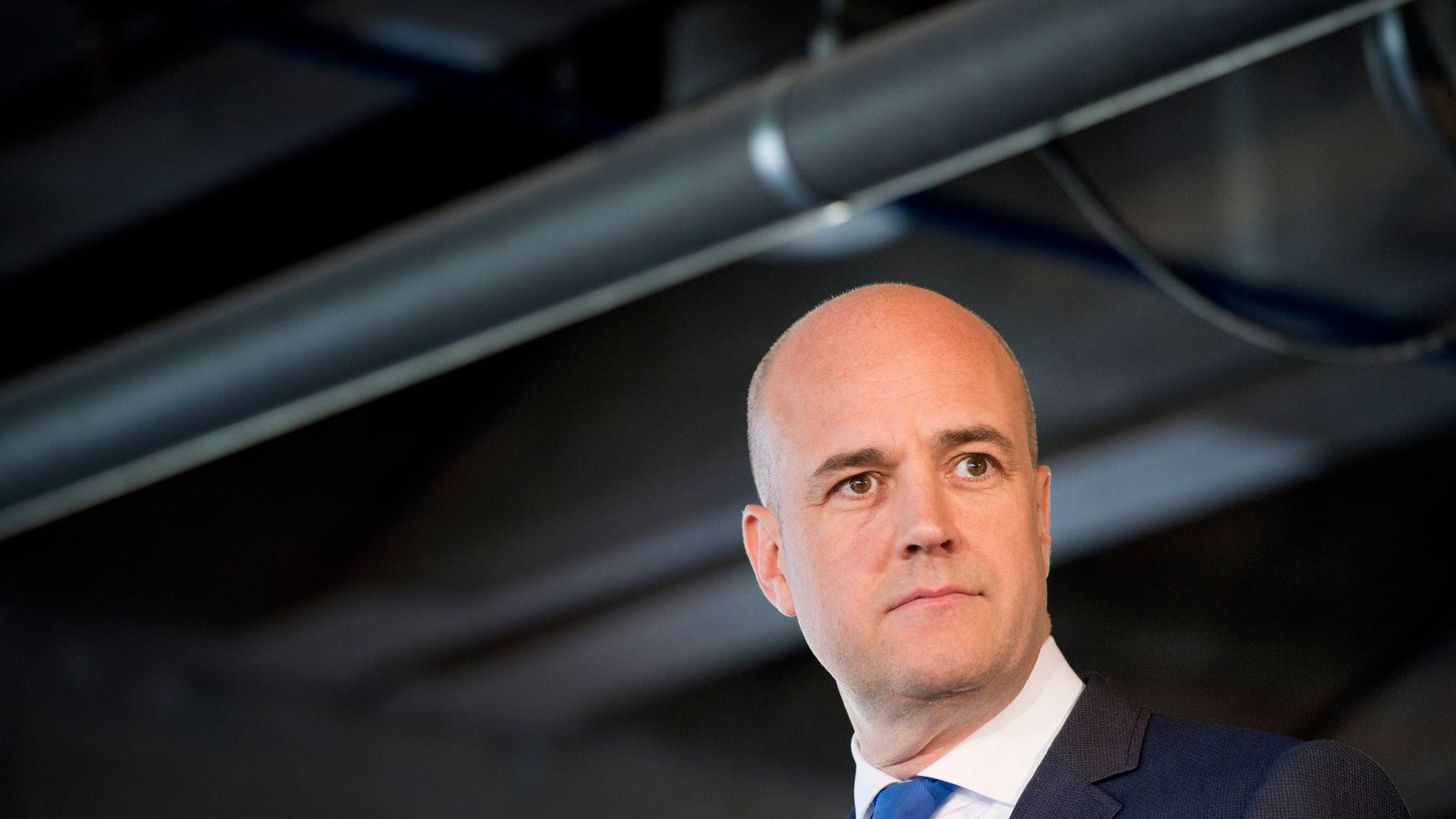 Sept. 5, 2014: Moderate Party leader and incumbent Prime Minister Fredrik Reinfeldt looks on during an election debate broadcast on Sweden's public service radio, at Kulturhuset in Stockholm, Sweden.