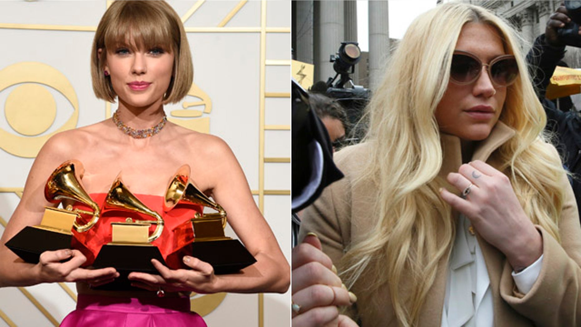 At left, Taylor Swift poses with her three Grammys at Staples Center in Los Angeles Monday. At right, Kesha leaves court in New York Friday. (AP Photo/Mary Altaffer)