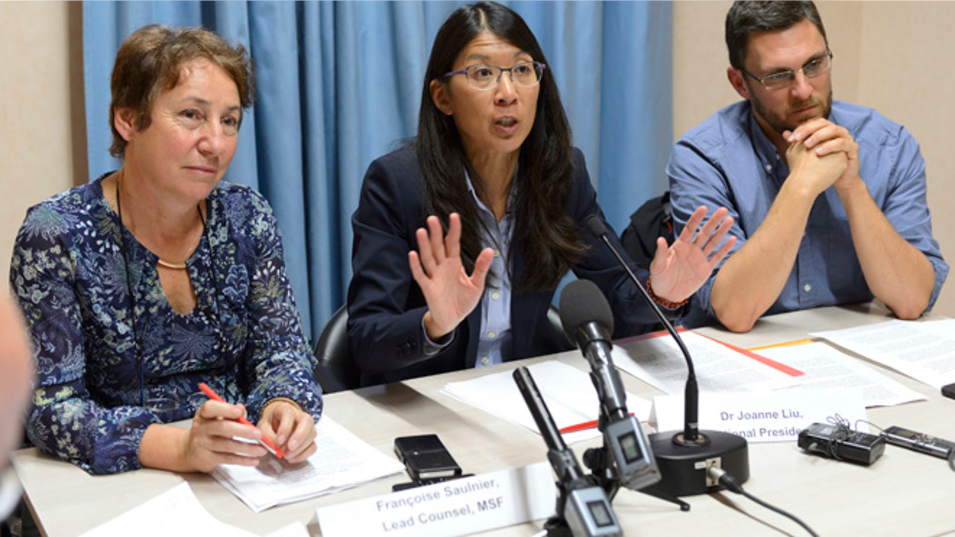 Oct. 7, 2015: Francoise Saulnier, MSF, lead counsel, Joanne Liu, President of MSF International, and Bruno Jochum, Director General of MSF Switzerland, from left to right, attend a news conference on the US air strike on a hospital in Kunduz, Afghanistan.