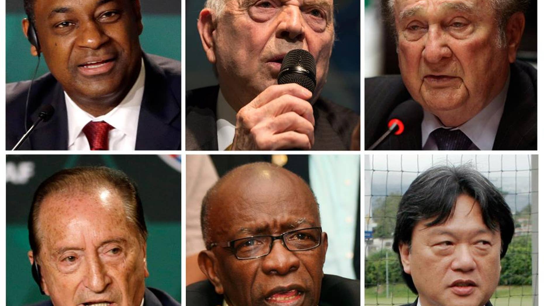 FILE - This is a combo of six file photos of the soccer officials involved in the US Justice Department of investigation into corruption at FIFA. From top left clockwise a Jeffrey Webb: Current FIFA vice-president and executive committee member, Concacaf president, Jose Maria Marin Current member of the FIFA organising committee for the Olympic football tournaments, Nicolas Leoz former FIFA executive committee member and Conmebol president, Eugenio Figueredo current FIFA vice-president and executive committee member, Jack Warner, former FIFA vice-president and executive committee member, Concacaf president, and Eduardo Li, current FIFA executive committee member-elect, Concacaf executive committee member . (AP Photo/File)