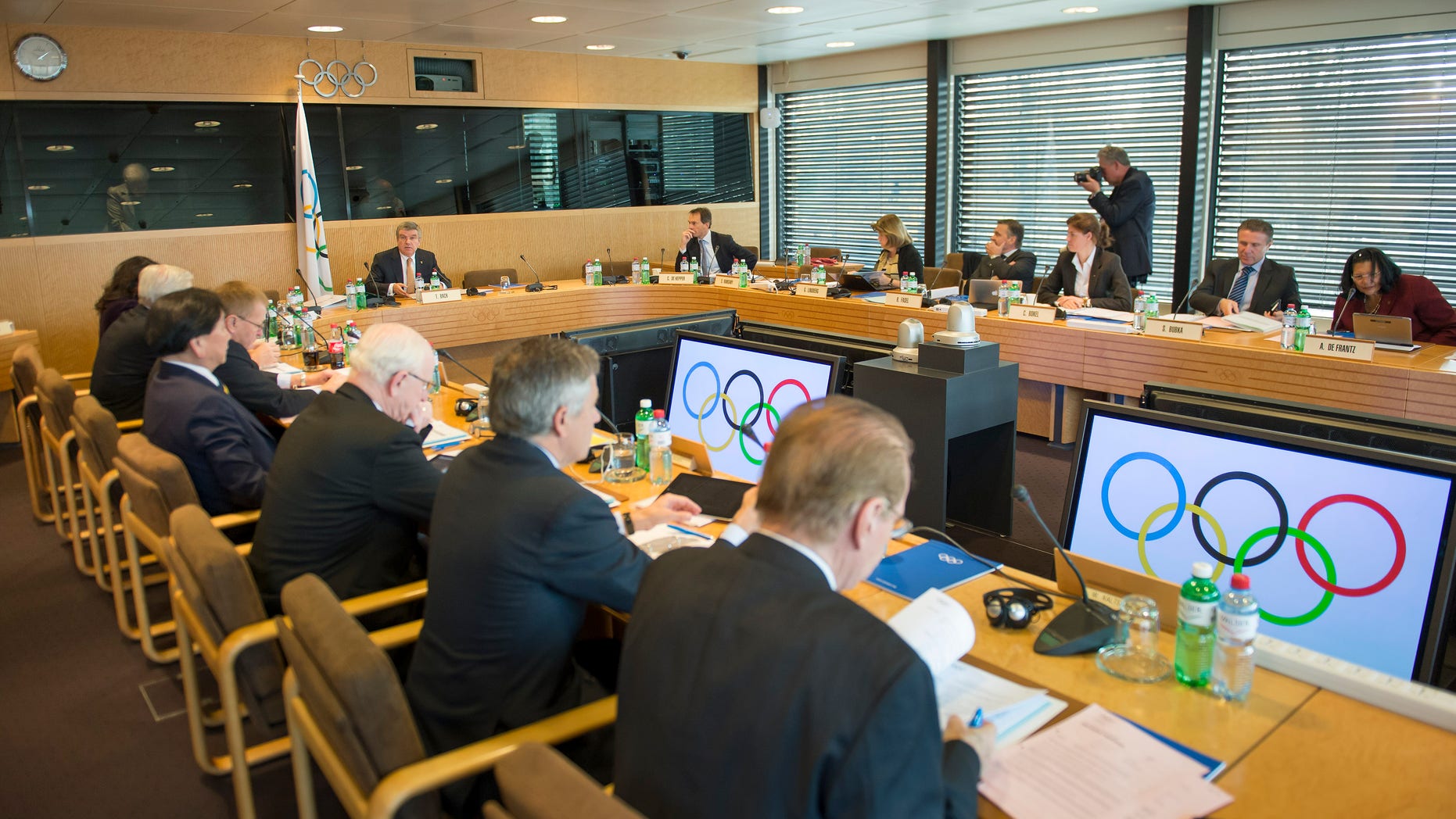 Dec. 10, 2013: International Olympic Committee, IOC, President German Thomas Bach, center back, attends the opening of the executive board's meeting, at the IOC headquarters, in Lausanne, Switzerland.